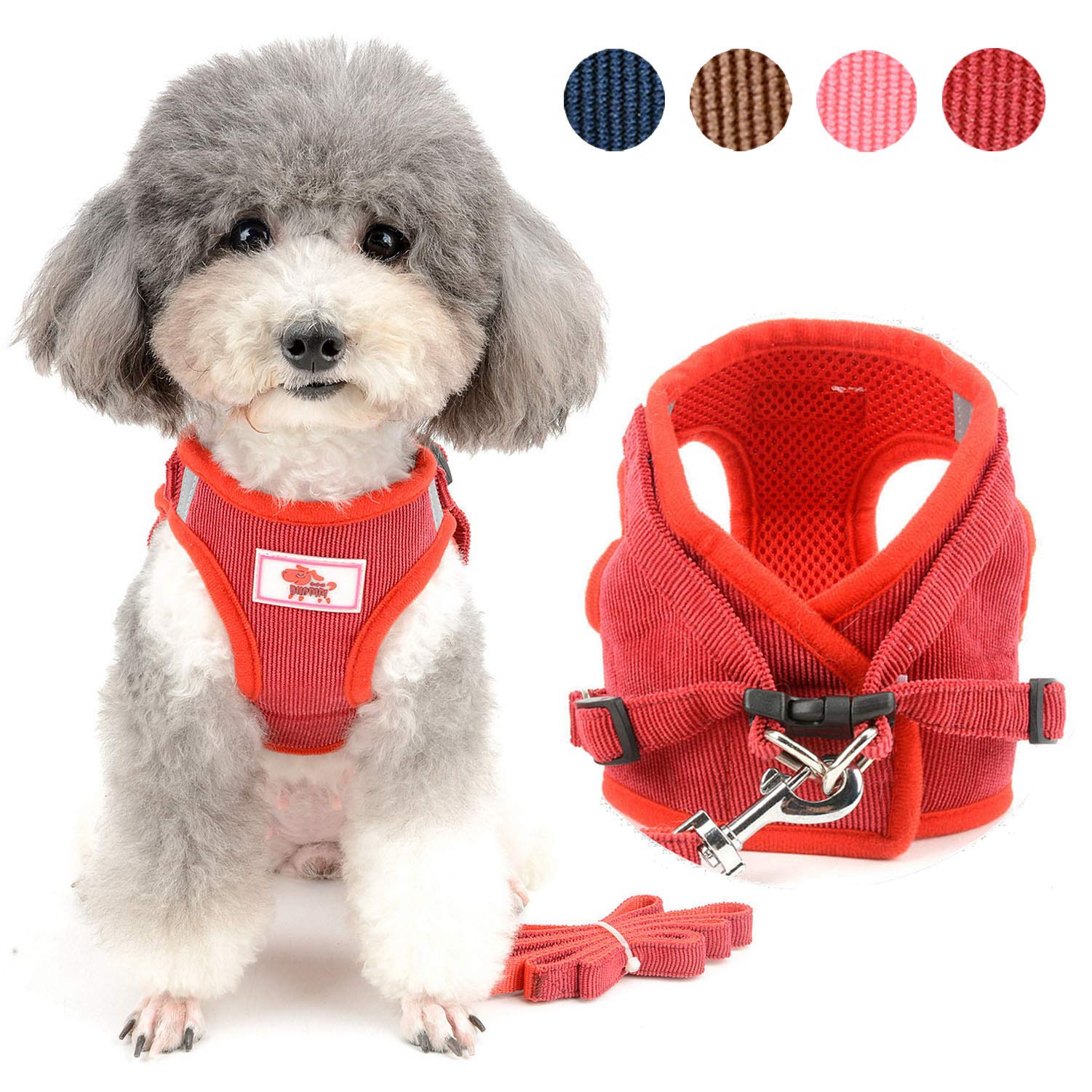 No Pull Dog Harness and Leash Set - Adjustable Reflective Soft Corduroy Mesh Vest for Small Dogs & Puppies (Chihuahua, Boy/Girl) - Comfortable Step-in Design for Walking, Training & Outdoor Adventures (Red)