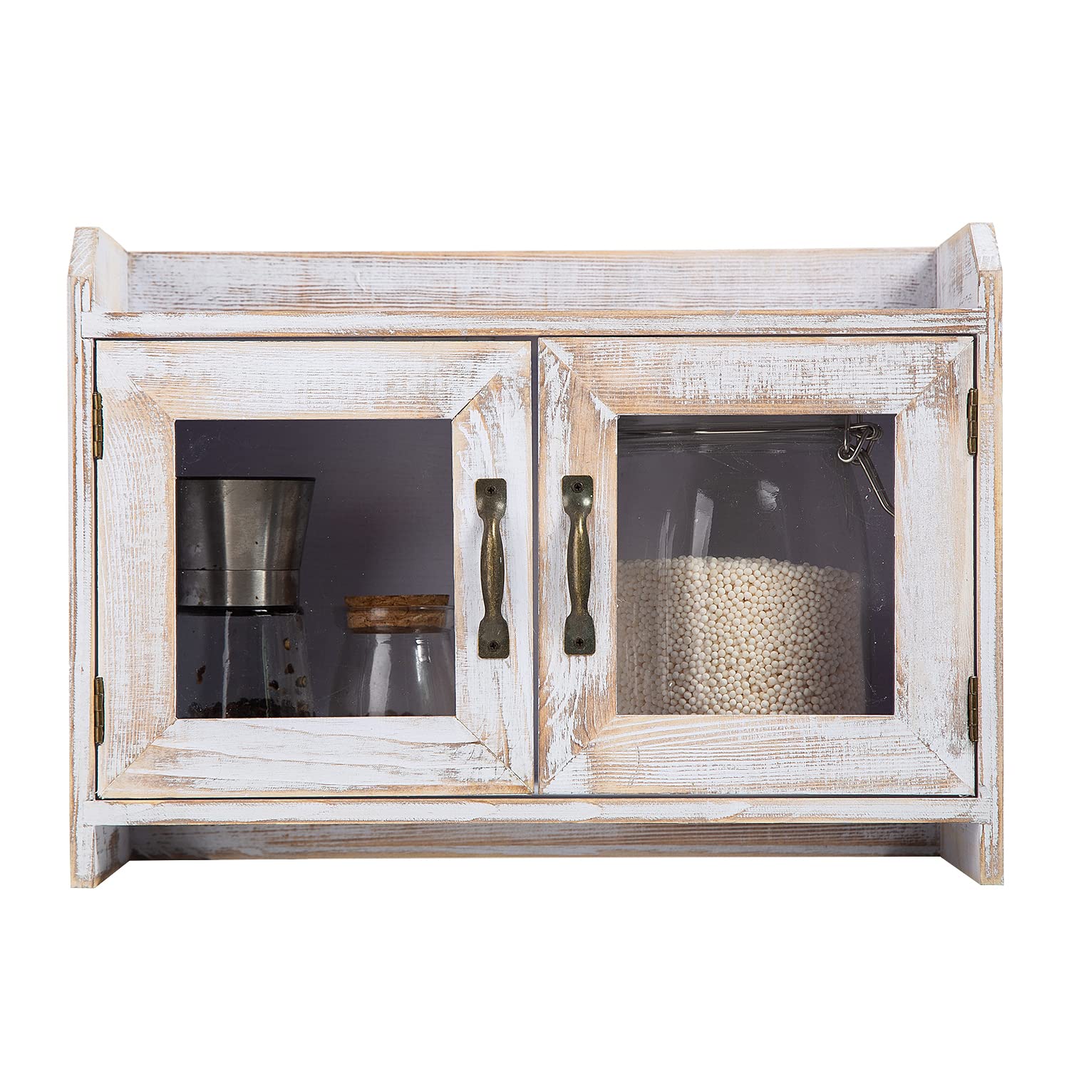 Rustic White Wood Countertop Storage Cabinet with Glass Doors - Farmhouse Style Organizer Shelf for Kitchen, Bathroom & Vanity - Perfect for Spice Racks, Makeup Storage & Small Item Organization