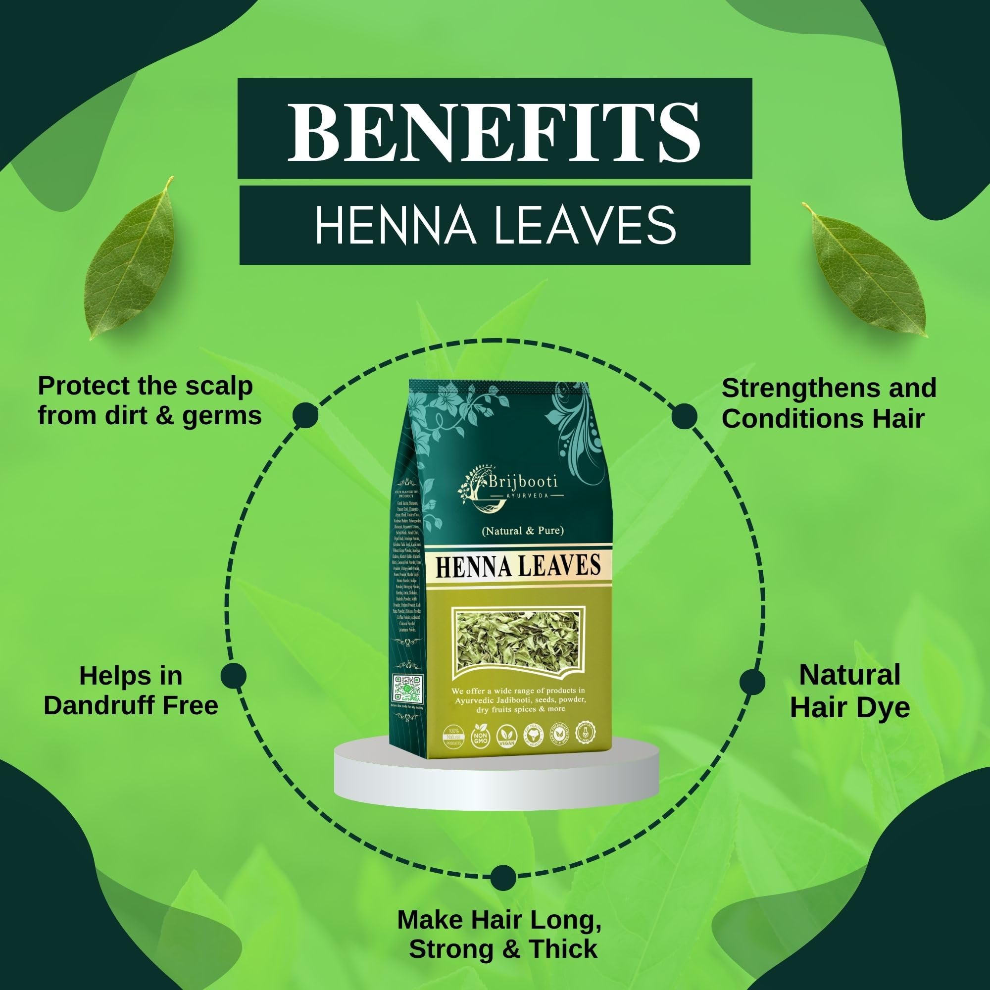 Brijbooti Henna Leaves 200g - 100% Natural Pure Mehndi Powder for Hair Coloring & Body Art | Safe Organic Herbal Dye for Gray Hair Coverage & Bridal Hand Tattoos