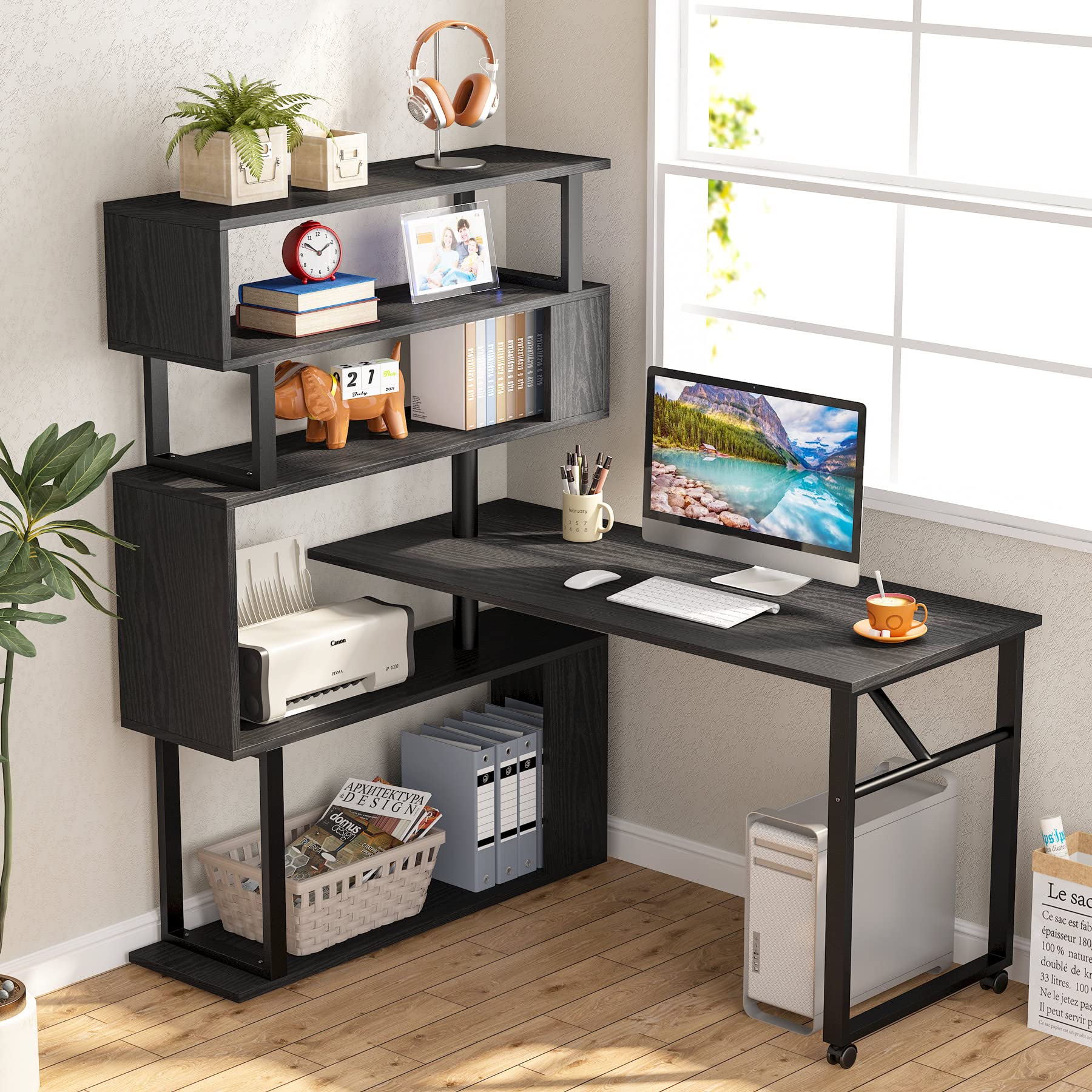 Tribesigns L-Shaped Corner Computer Desk with 5-Tier Bookshelf & Wheels - Modern Rotating Office Desk with Storage, Reversible Study Writing Table for Home Office (Black) | Perfect for Small Spaces, Gaming Setup & Remote Work