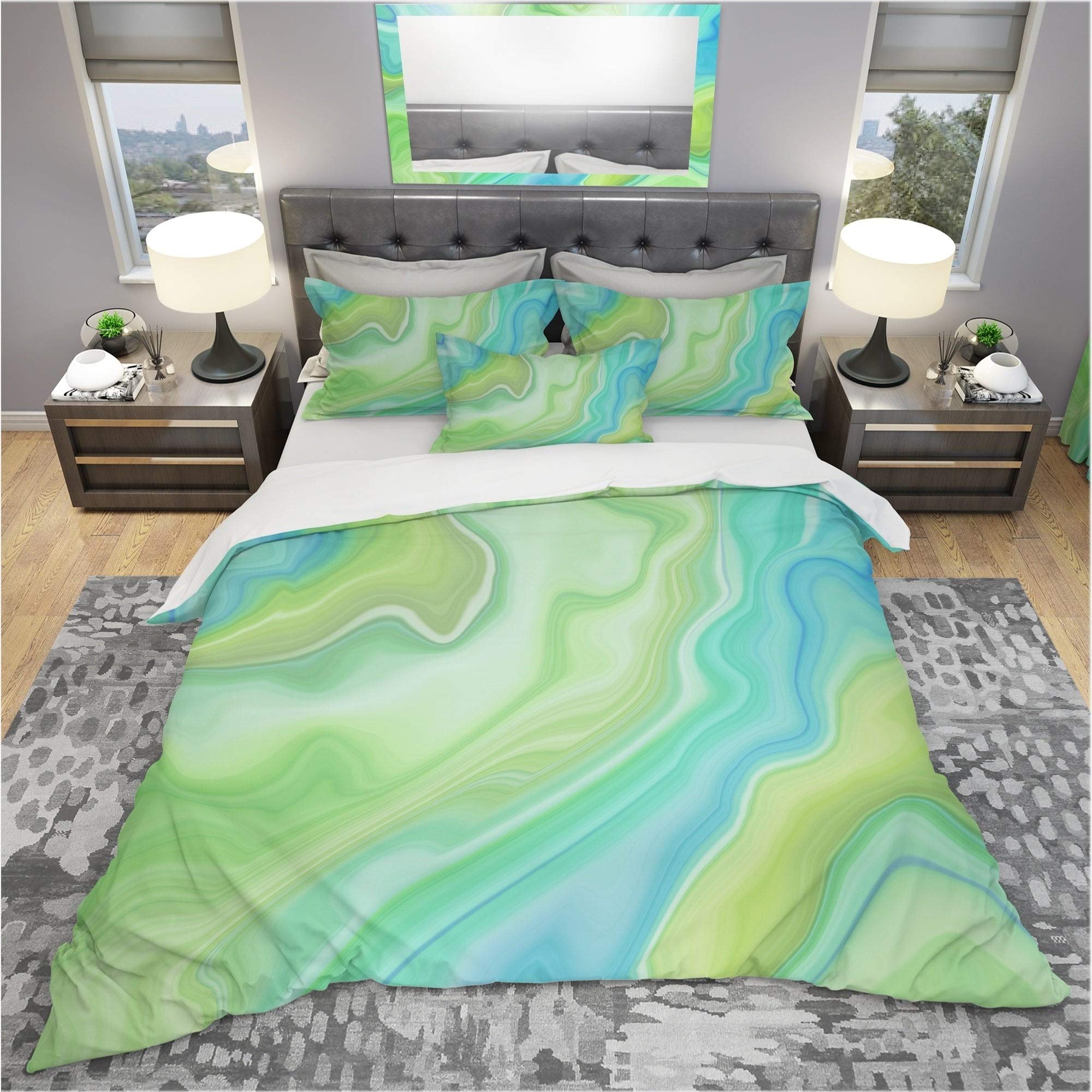 DESIGN ART Designart 'Marbled Colors in Shades of Green and Blue' Modern Contemporary King Size Bedding Set - Duvet Cover & 2 Shams | Luxury Hotel Style Bedroom Decor for Master Bedroom & Guest Room