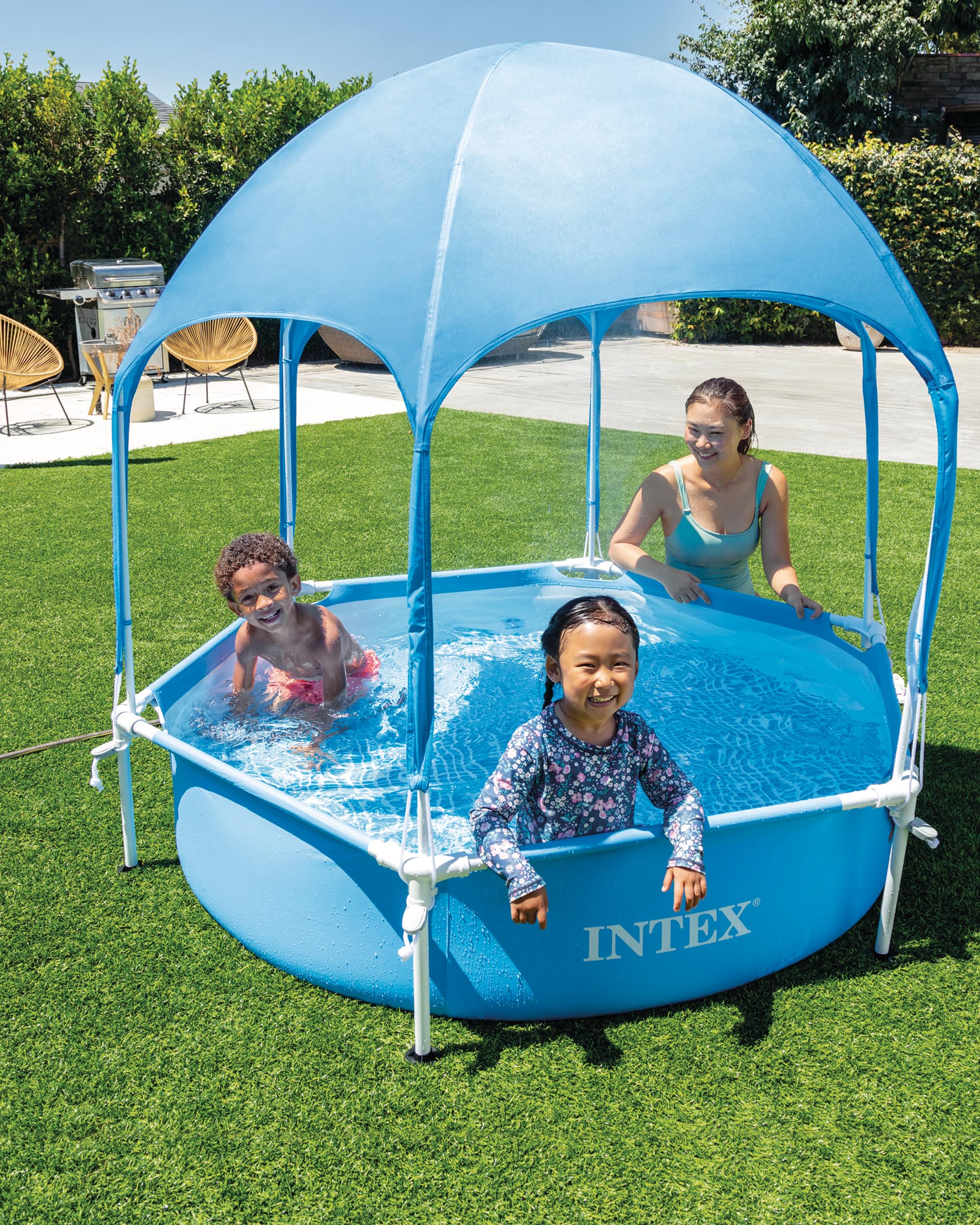 INTEX 28209EP 6ft x 15in Above Ground Swimming Pool with Canopy - Durable Metal Frame, Built-in Sprayer, Puncture-Resistant Material - Easy to Assemble 185 Gallon Capacity - Perfect for Backyard Fun, Kids Play, and Summer Cooling