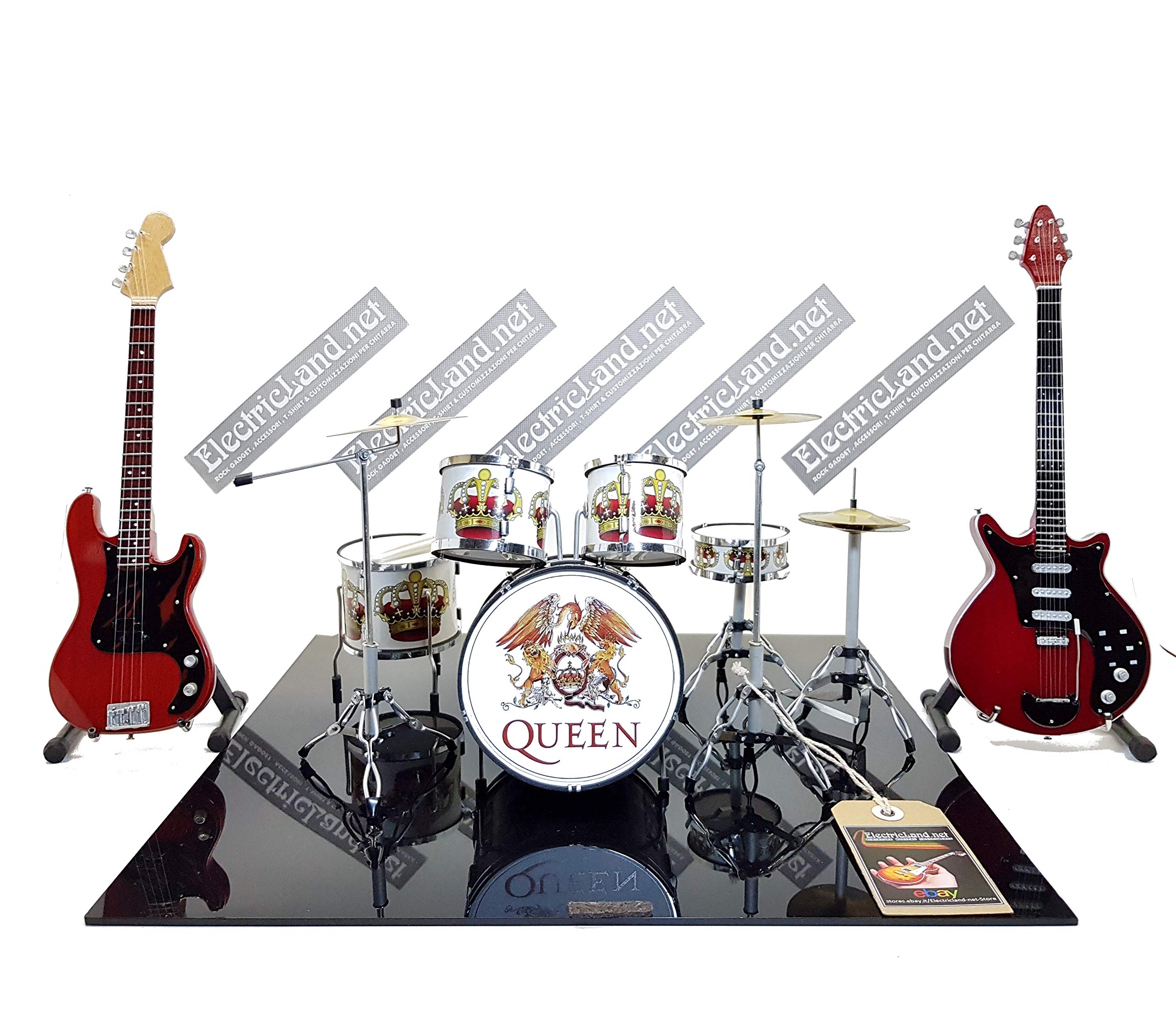 Mini Live Set Queen Bohemian Rhapsody Tribute Freddie Mercury Brian May Red Special 1:4 Scale Collectible Model with Drum Kit & Guitar - Perfect for Music Lovers, Queen Fans & Collectors (Home Display, Office Decor, Gift Idea)