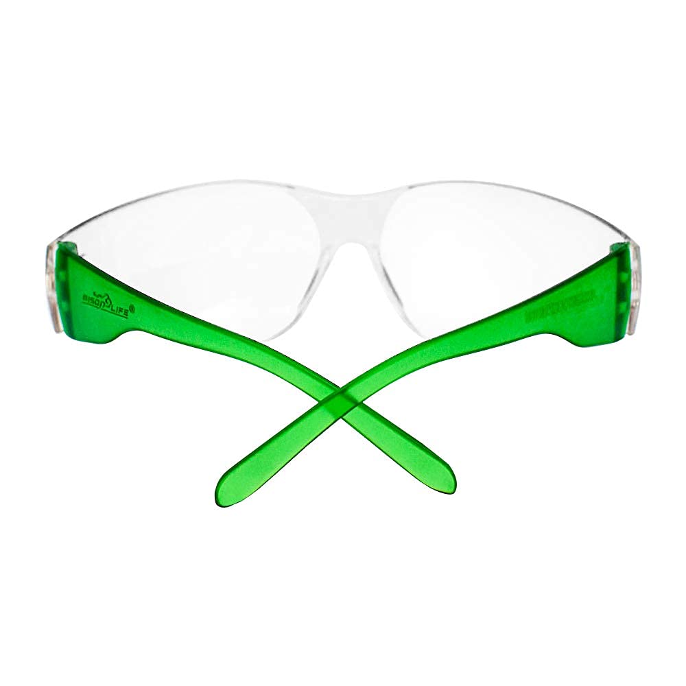 BISON LIFE Safety Glasses - Clear Polycarbonate Impact & Ballistic Resistant Lens, Green Temple (12 Boxes, 144 Pairs) - Ideal for Construction, Woodworking, Shooting & Industrial Safety Protection