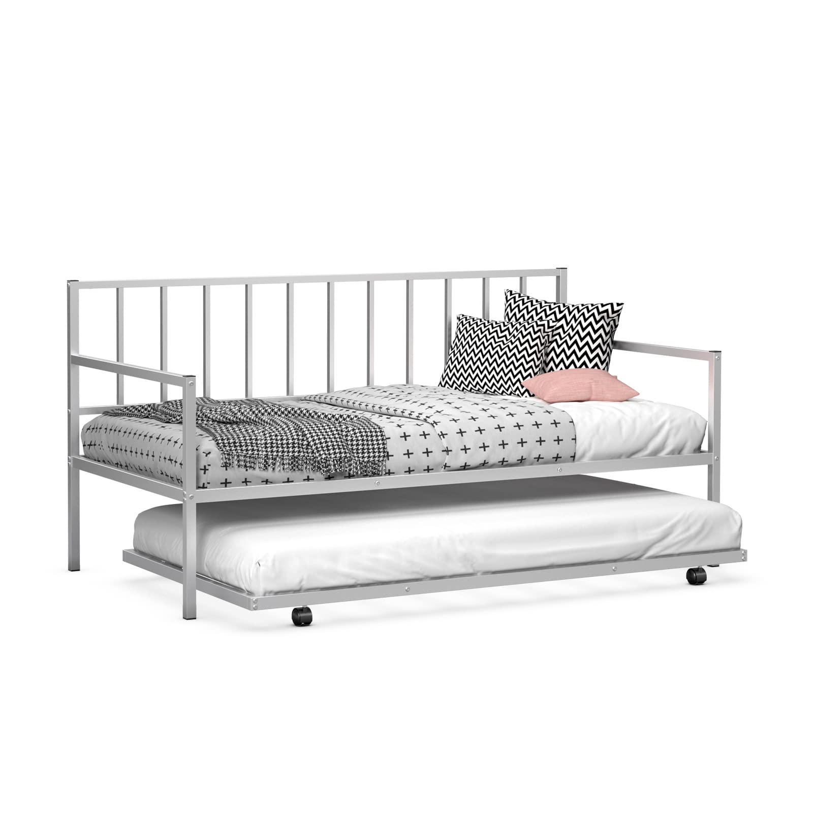 KOMFOTT Twin Daybed with Trundle - Sturdy Metal Bed Frame Set with Wheels & Slat Support, No Box Spring Needed - Perfect Sofa Bed for Living Room, Guest Room & Small Spaces (Space-Saving Design for Overnight Guests & Multi-Functional Use)