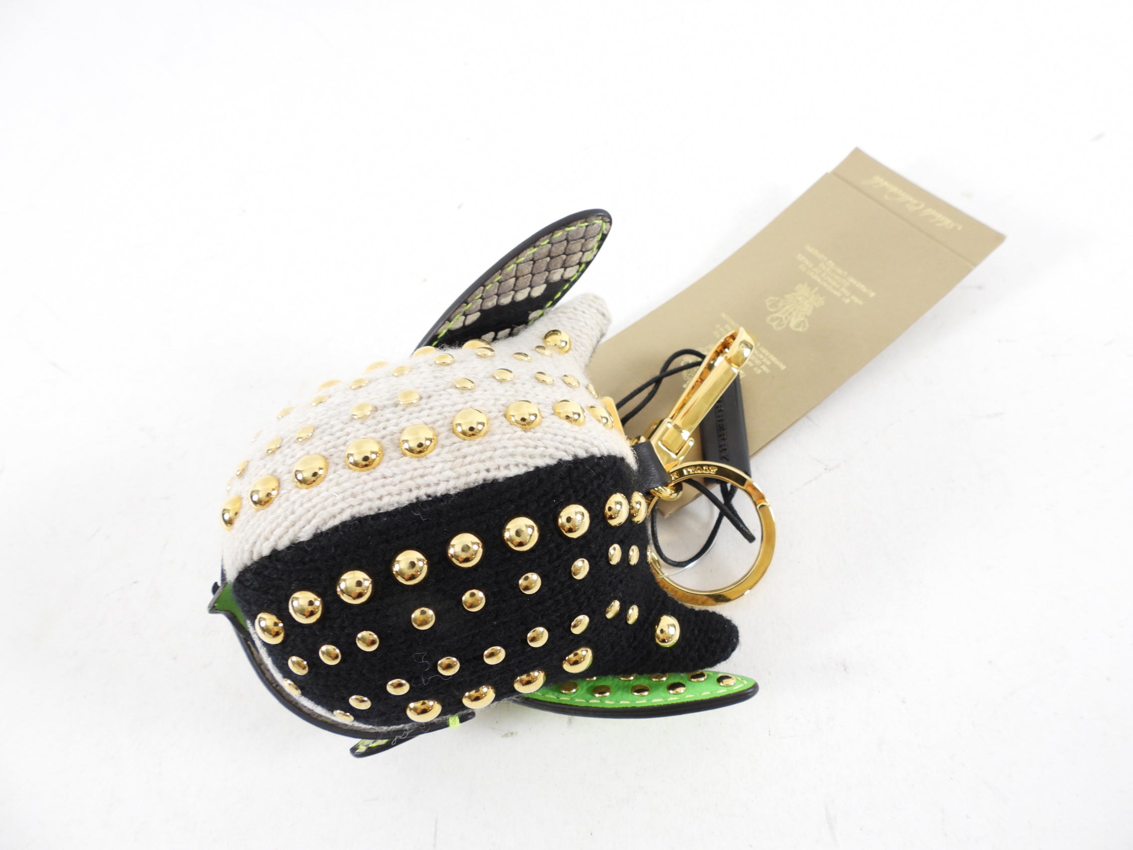 Burberry Black and Green Knit Studded Mavis Owl Bag Charm - Stylish Designer Accessory for Handbags, Backpacks & Keys | Perfect Gift for Fashion Lovers