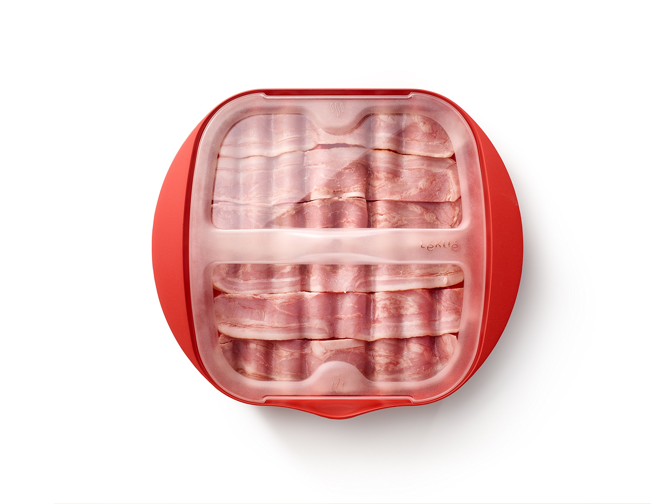 Lekue Microwave Bacon Cooker with Lid – Red, 11.02 x 9.8 x 2.3 Inches – Quick & Easy Bacon Maker for Breakfast, Sandwiches & Salads
