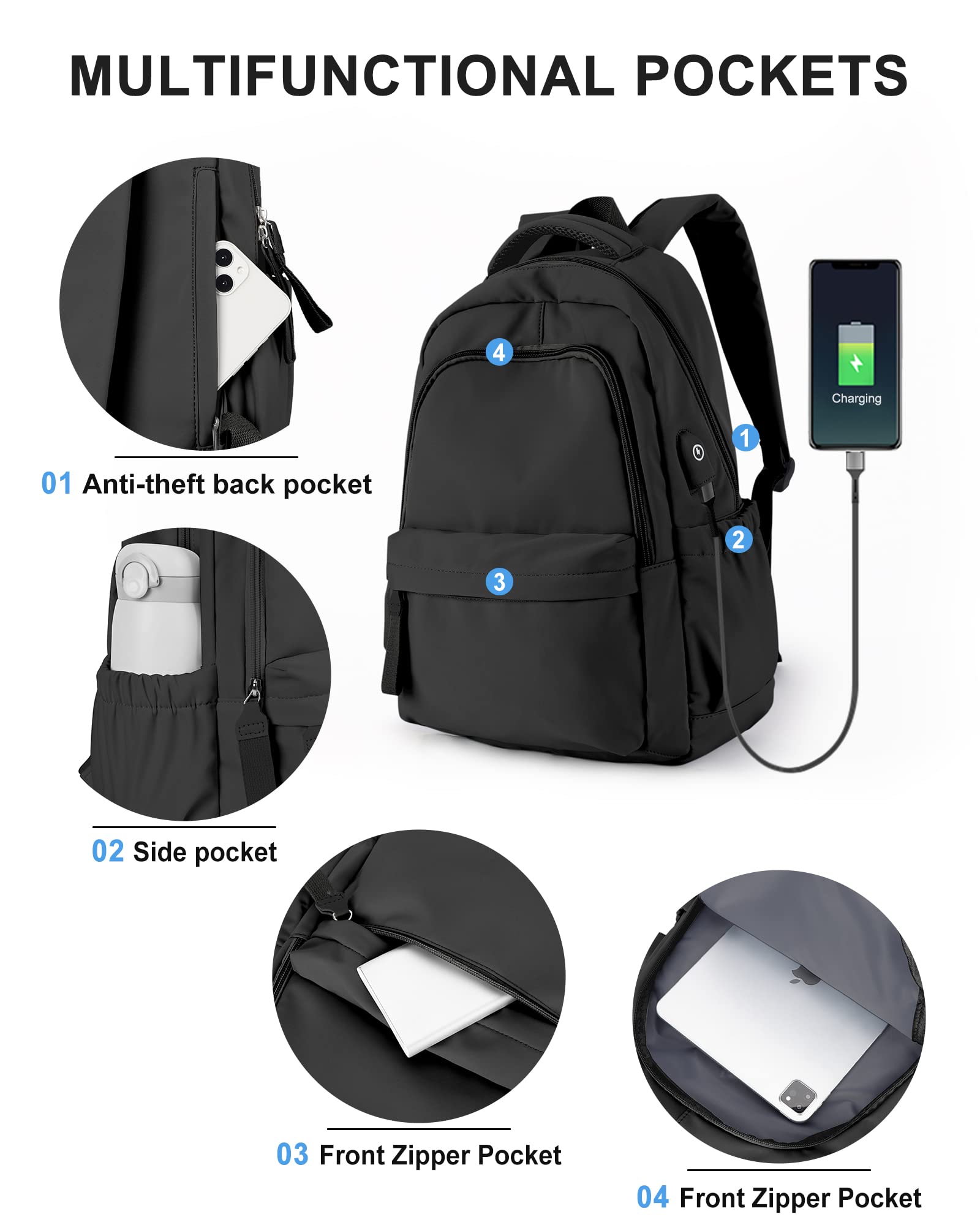Winspansy Small Backpack for School - Lightweight Travel Daypack for Women & Men, College & High School Bookbag with USB Charging Port (Fits 14 Inch Laptop) - Perfect for Daily Commute, Campus Life & Weekend Getaways - Black