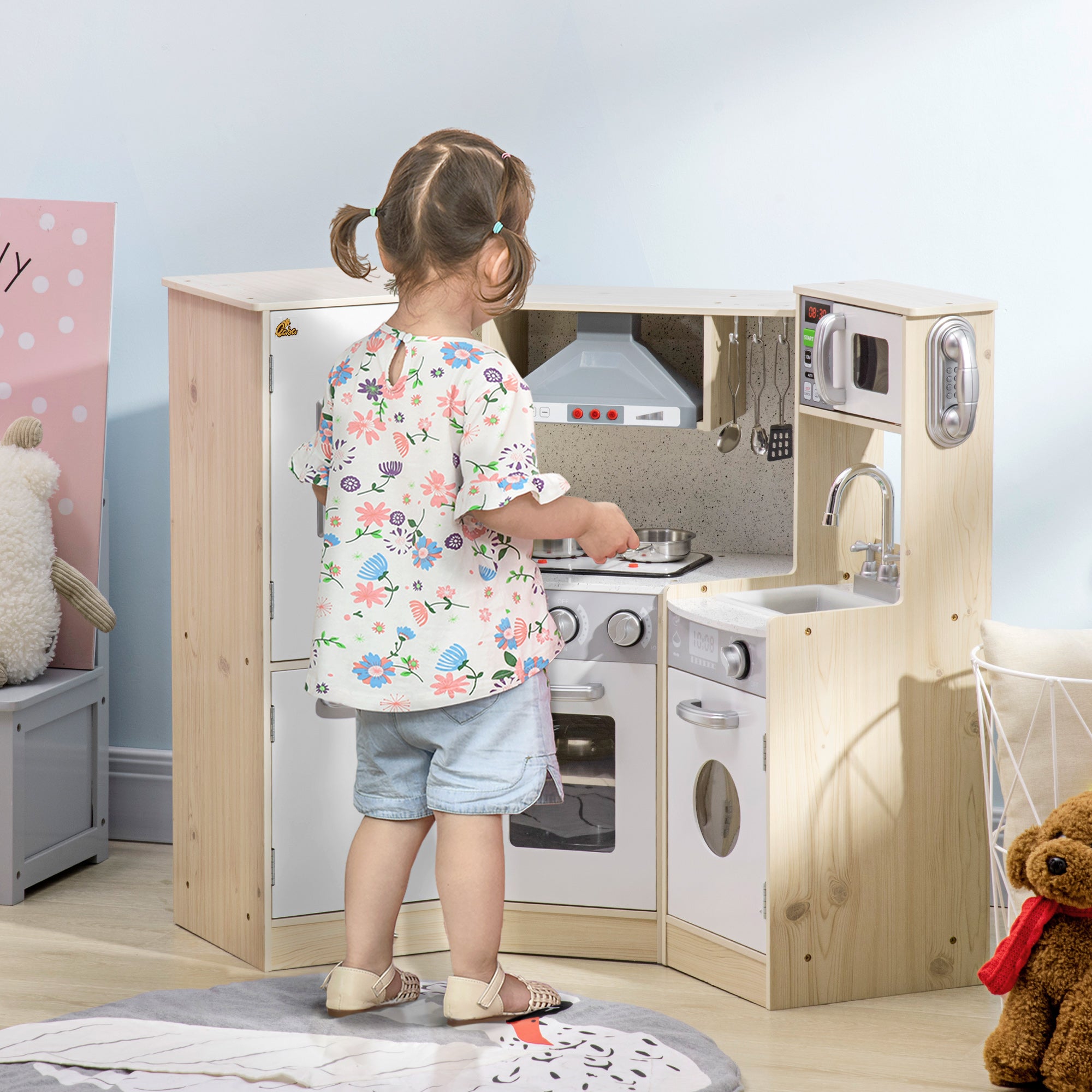 **Wooden Play Kitchen for Kids with Lights & Sounds - Pretend Play Kitchen Set with Phone, Ice Maker, Microwave, Range Hood, Refrigerator & Utensils - Perfect for Imaginative Play, Role-Playing & Early Learning**