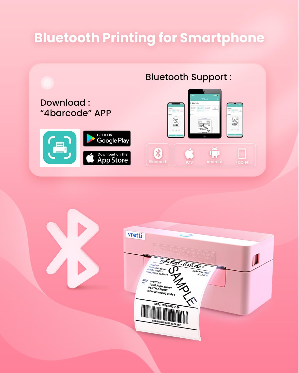 Vretti Bluetooth Thermal Label Printer 4x6 - Wireless Shipping Label Printer for USPS UPS Amazon Packages - Compatible with iPhone Android Windows Mac - Perfect for Small Business & Home Shipping (Pink)