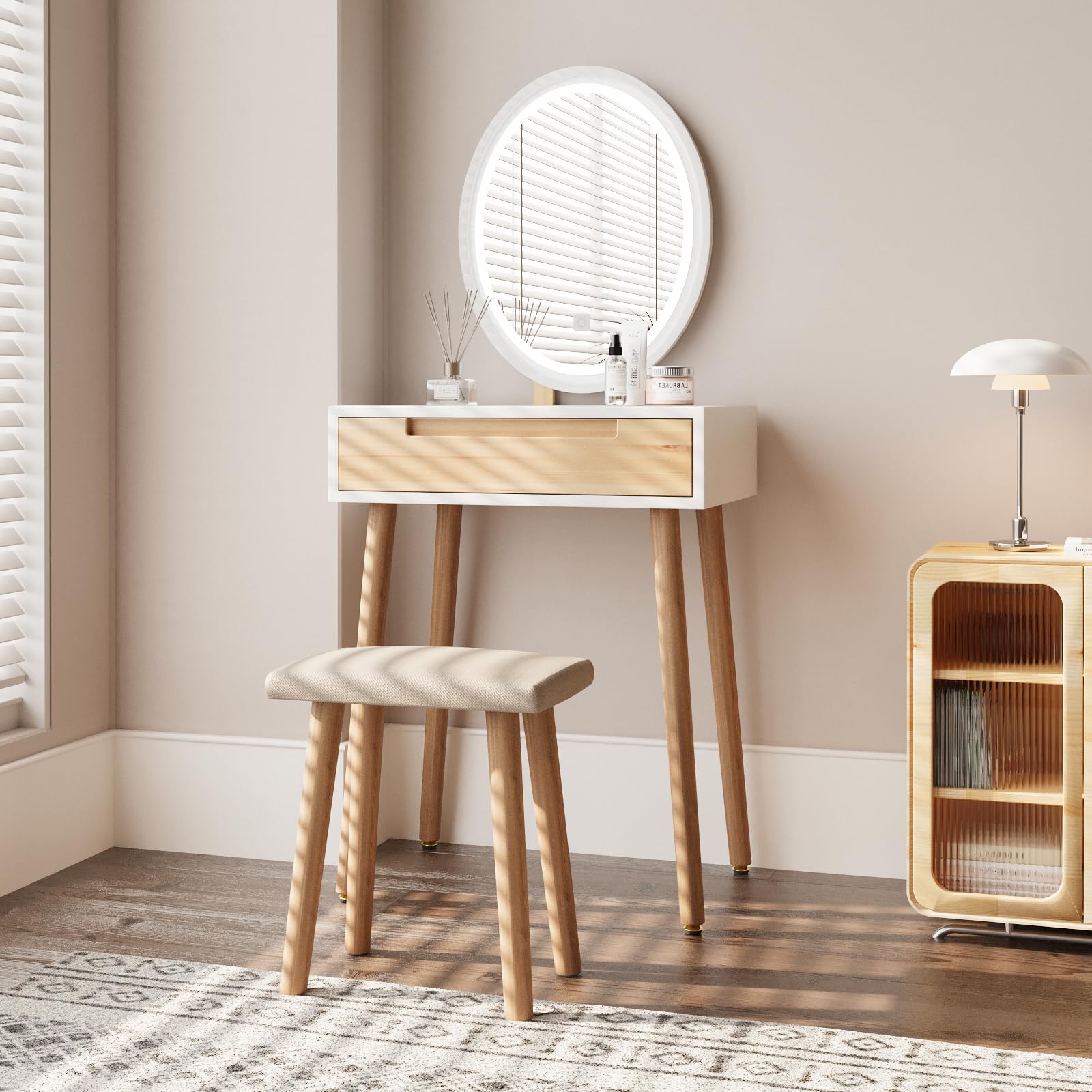 ARTETHYS 24 Inch Small Makeup Vanity Desk Set with 3 Adjustable LED Lighted Mirror, Wooden Dressing Table with Drawer & Stool - Perfect for Bedroom, Apartment, and Small Space Beauty Organization