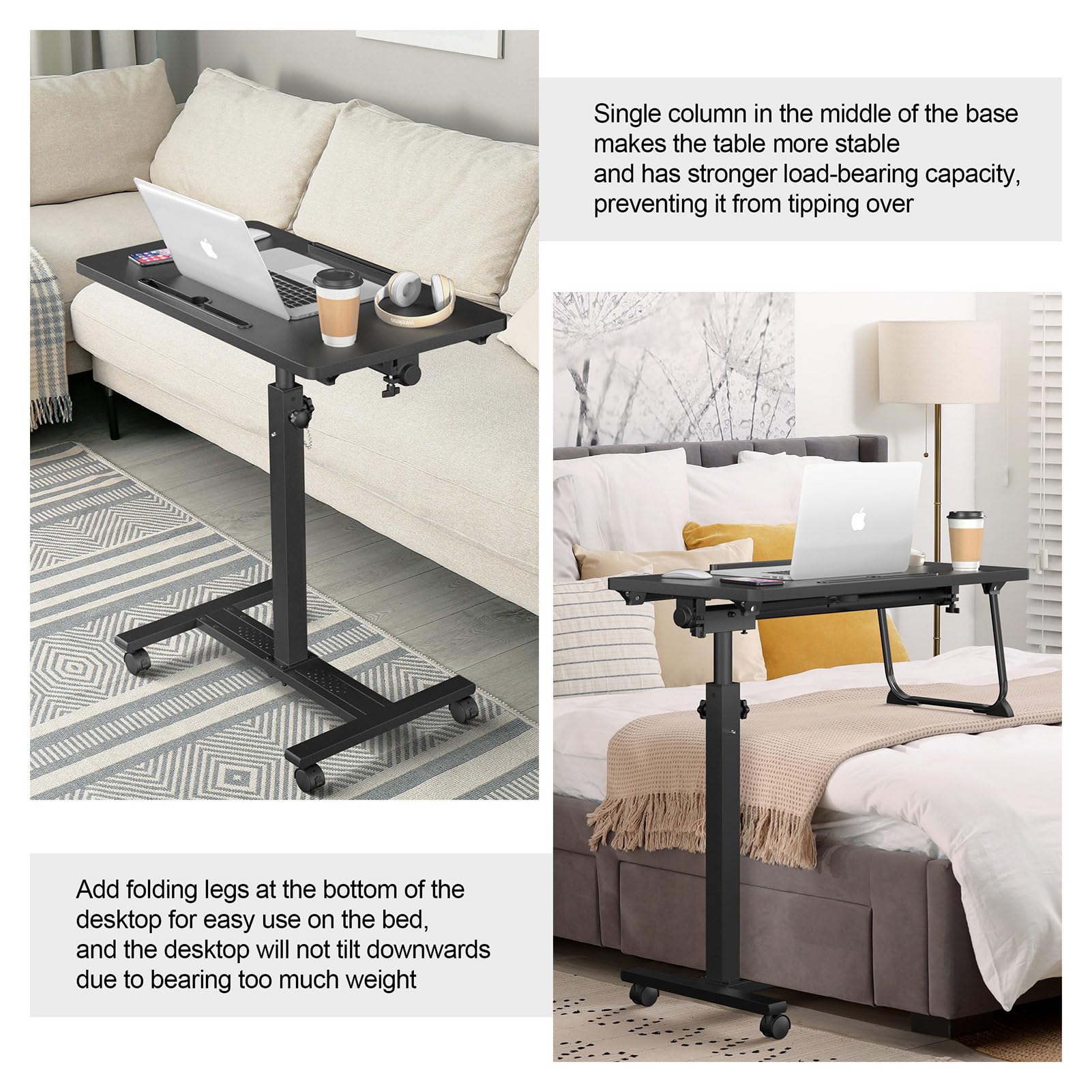 Adjustable Overbed Bedside Table with Wheels - Portable Rolling Desk for Hospital, Home & Office - Mobile Laptop Stand, Computer Cart & Standing Desk Tray - Perfect for Patients, Students & Remote Work
