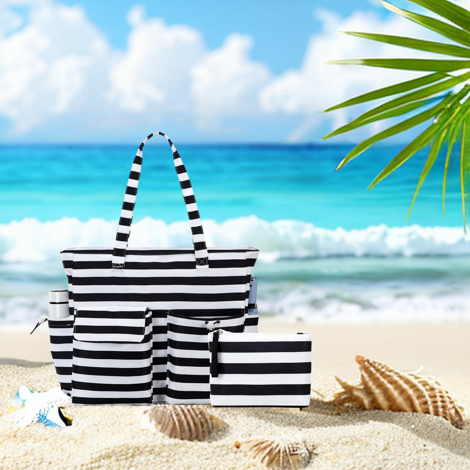 LEDAOU Large Waterproof Beach Tote Bag for Women - Sandproof Zippered Pool & Gym Bag with Wet Pocket - Perfect for Travel, Grocery Shopping & Beach Outings