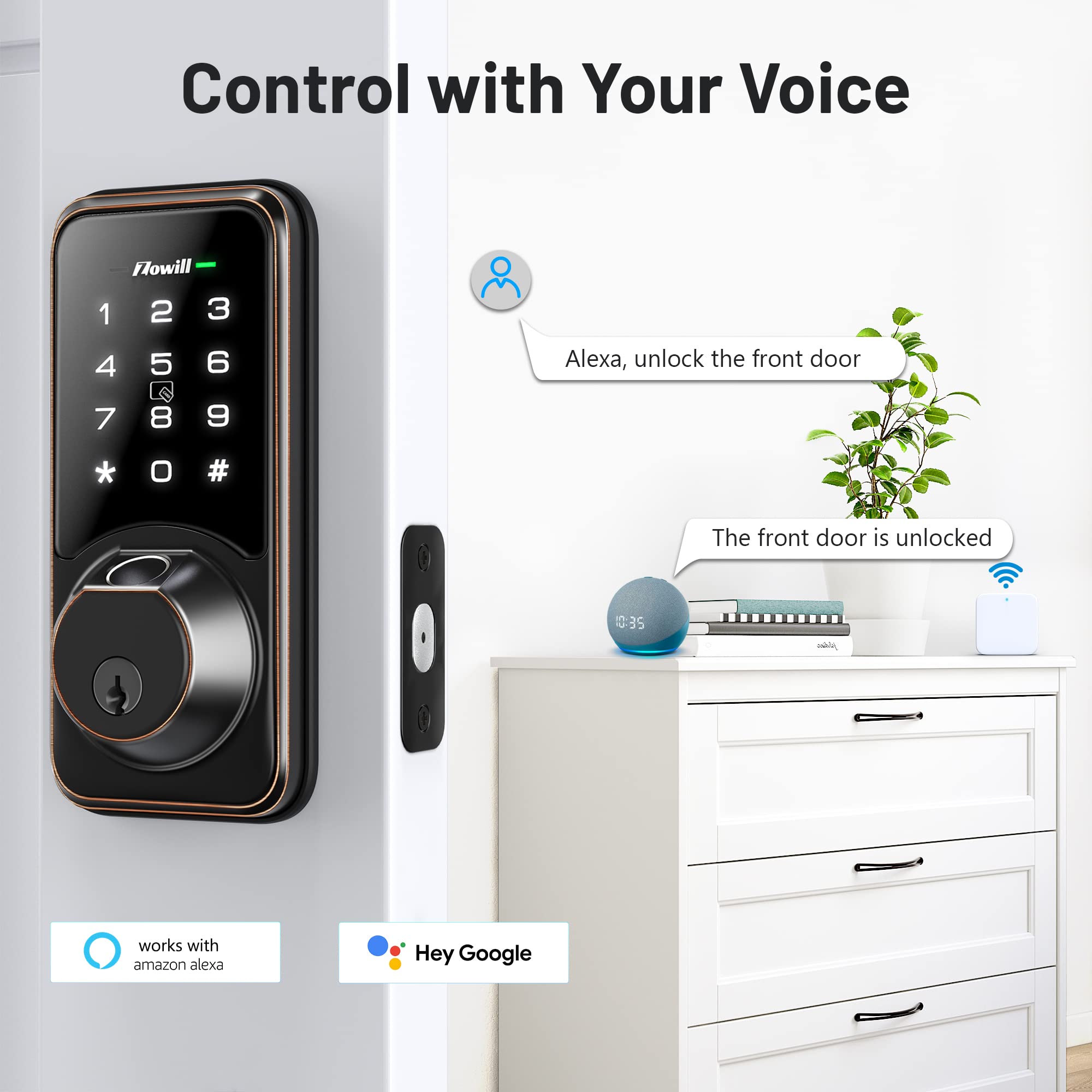 Zowill DK07G WiFi Smart Lock - 7-in-1 Fingerprint Door Lock with APP & Voice Control, Touchscreen Keyless Entry for Front Door, Works with Alexa, Ekey Sharing & Auto Lock | Smart Home Security for Apartments, Houses & Vacation Rentals