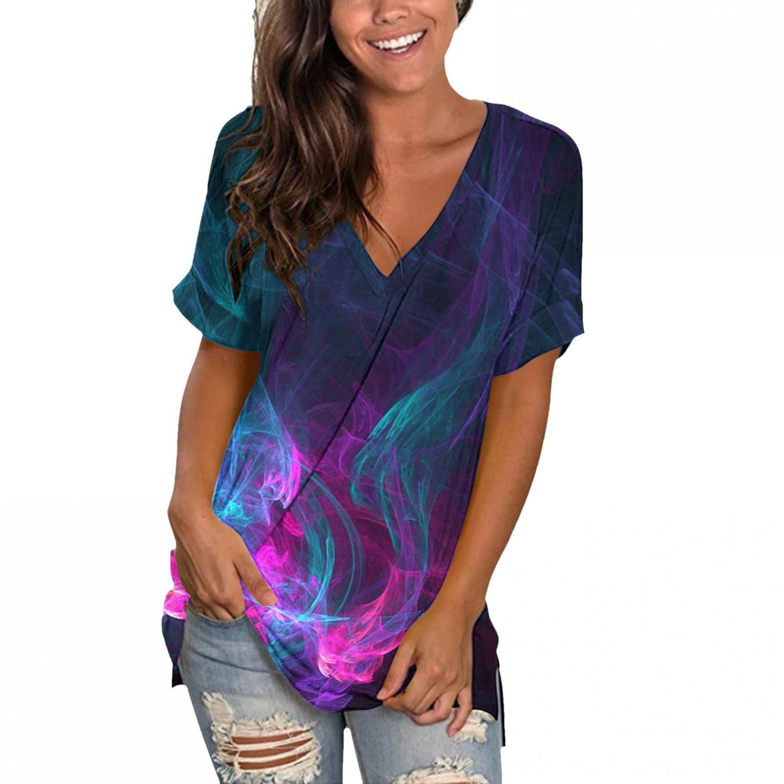 Women's Patterned Tunic Tops - Short Sleeve V-Neck Casual Blouse with Side Slit | Summer Loose Fit Tee Shirts for Women | Perfect for Office Wear, Weekend Outings & Beach Vacations