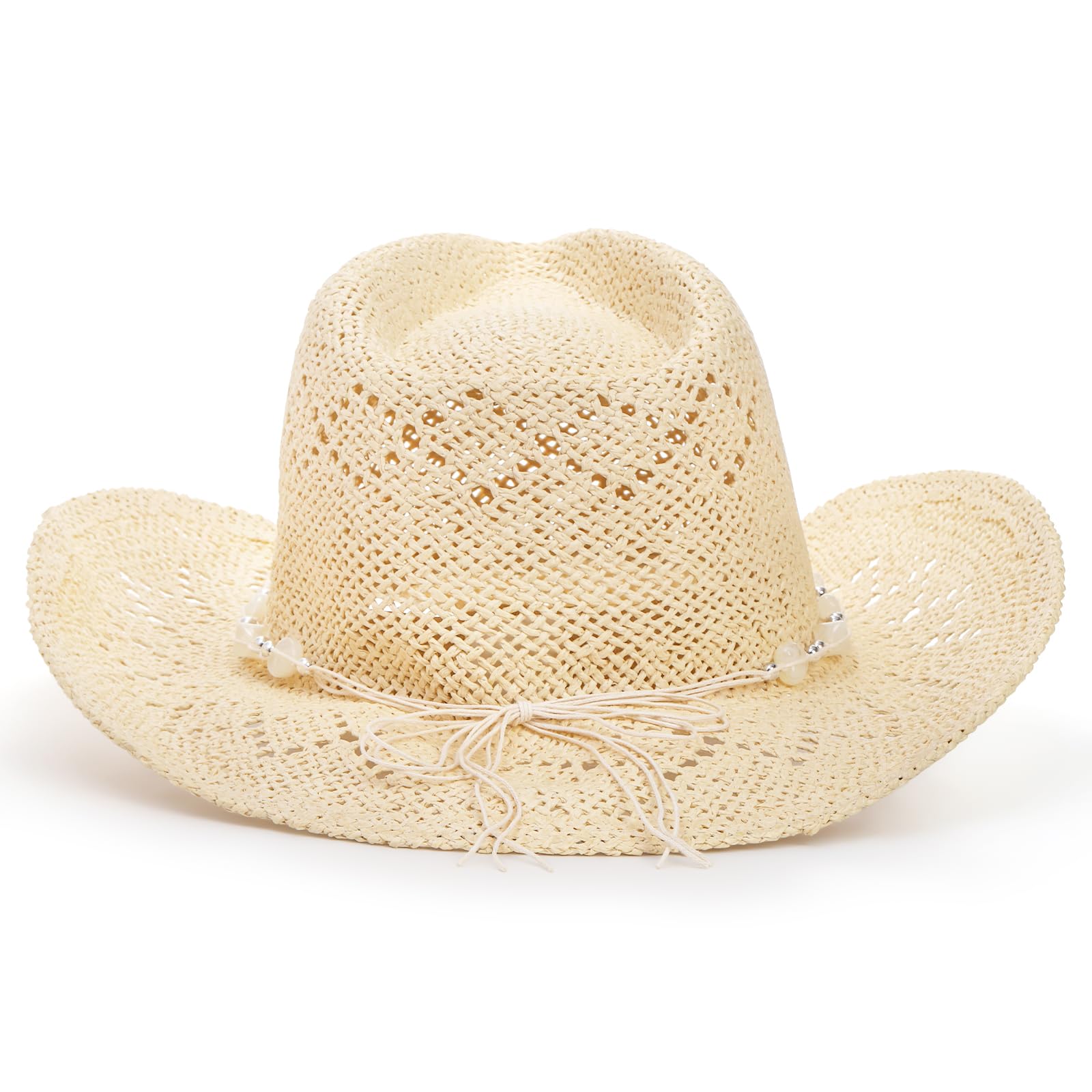 Hiceeden Women's Straw Cowboy Hat - Western Style Sun Hat with Adjustable Brim & Beaded Chain - Beach, Festival, and Outdoor Summer Accessories for Women & Men (Beige)
