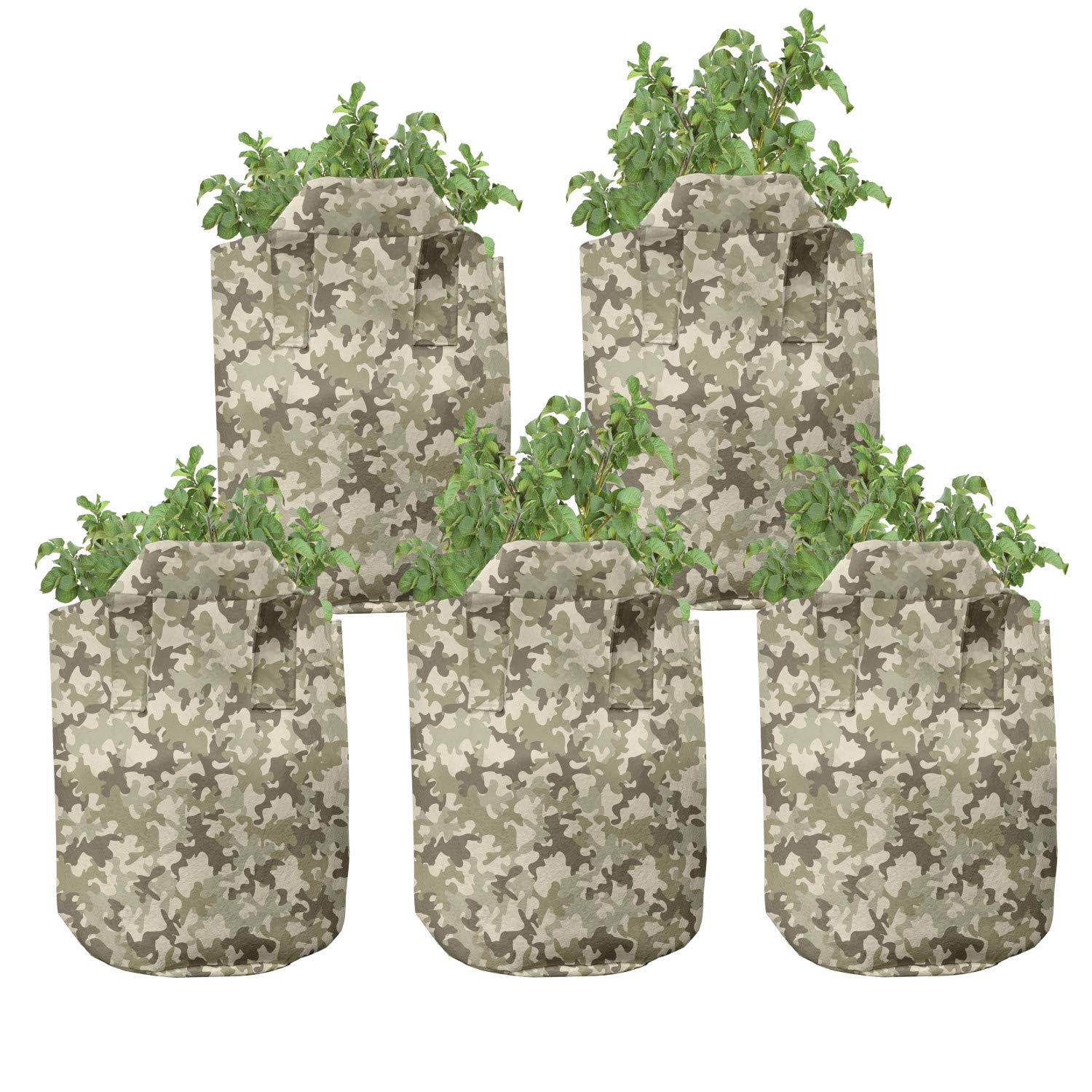 Ambesonne Camouflage Grow Bags 5-Pack - Heavy Duty Fabric Plant Pots with Handles, Pale Green & Yellow Clothing Motif - Perfect for Indoor/Outdoor Gardening, Vegetables, Flowers & Herbs