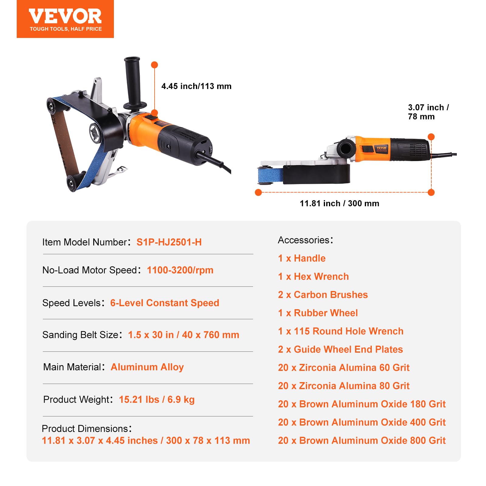 VEVOR 1000W Professional Pipe Tube Polisher & Belt Sander - 6 Adjustable Speeds (1100-3200 RPM) with 100 Sanding Belts for Metal Finishing, Rust Removal & Surface Burnishing - Ideal for DIY Projects, Metalworking & Industrial Applications