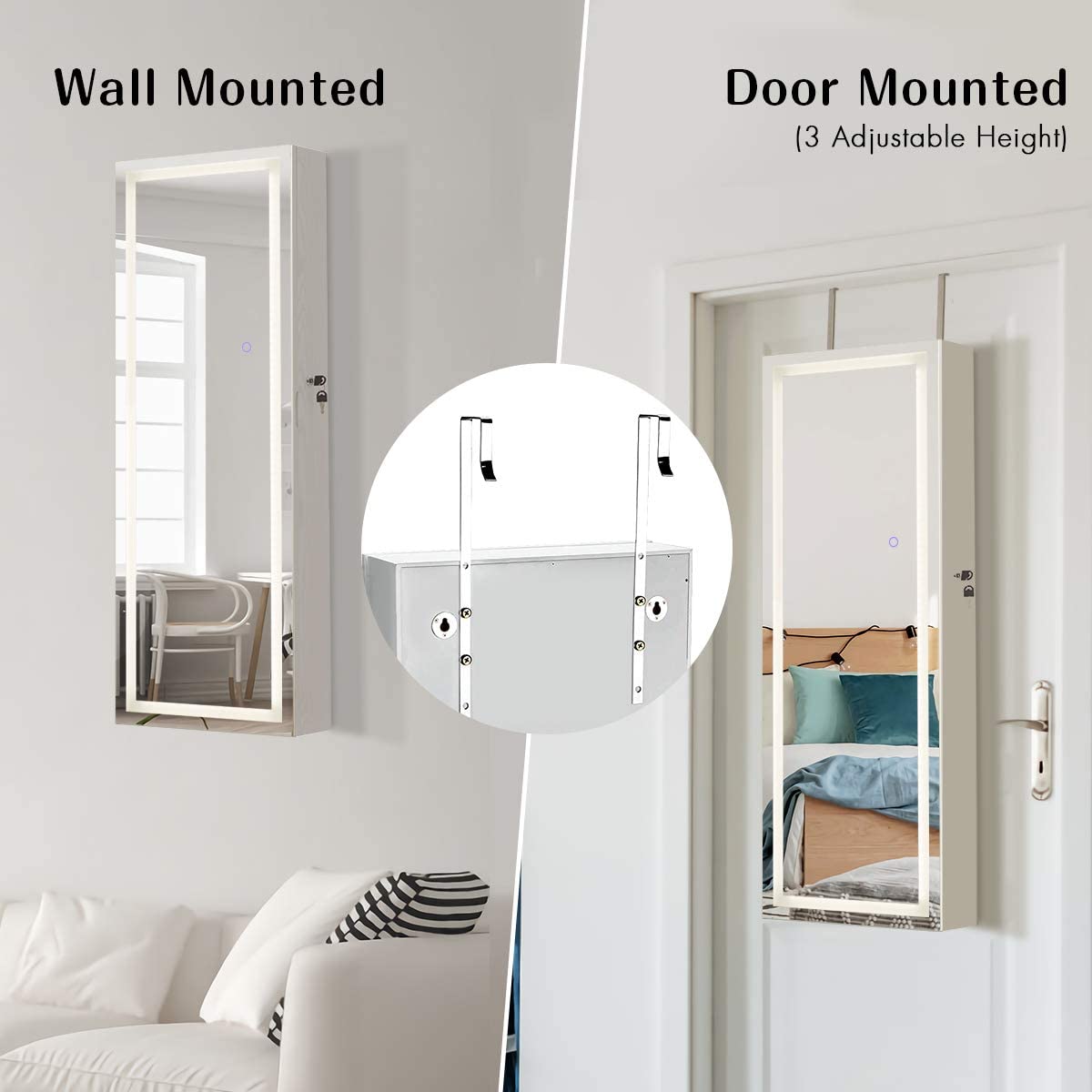 MAT EXPERT Wall/Door Mounted Jewelry Cabinet with LED Lights & Touch-Screen Mirror - White Lockable Jewelry Organizer for Necklaces, Rings & Makeup - Perfect for Bedroom, Closet & Dressing Room Organization