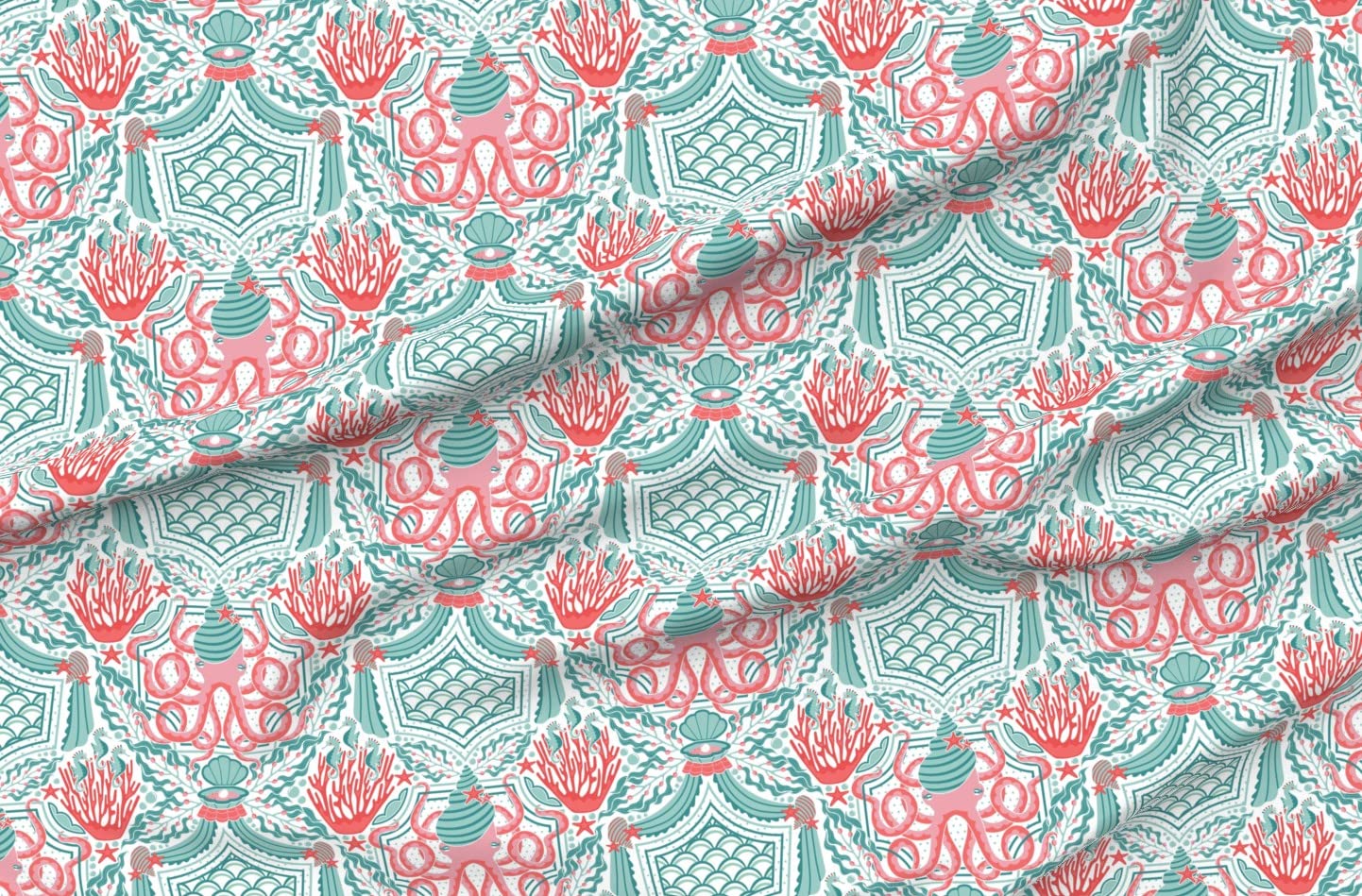 Eat Kelp Large Pink Teal Red Retro Beach Damask Seaweed Printed Minky Fabric by The Yard - Soft Plush Material for Sewing Baby Blankets, Quilt Backing & DIY Projects - Perfect for Nursery Decor, Coastal Themed Bedding & Beach House Accessories