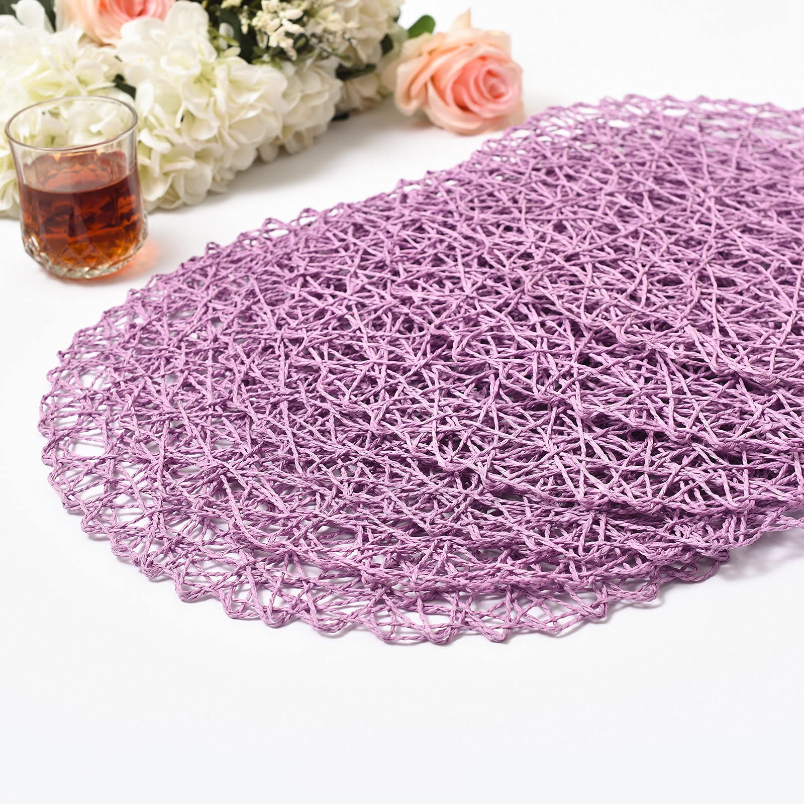 IcosaMro 6-Pack Purple Round Placemats Set - 15 Inch Boho Woven Paper Placemats for Dining Table - Decorative Circle Mats for Wedding, Christmas, Thanksgiving & Holiday Dinner - Lavender Color - Perfect for Home Decor, Party Table Settings & Seasonal Celebrations
