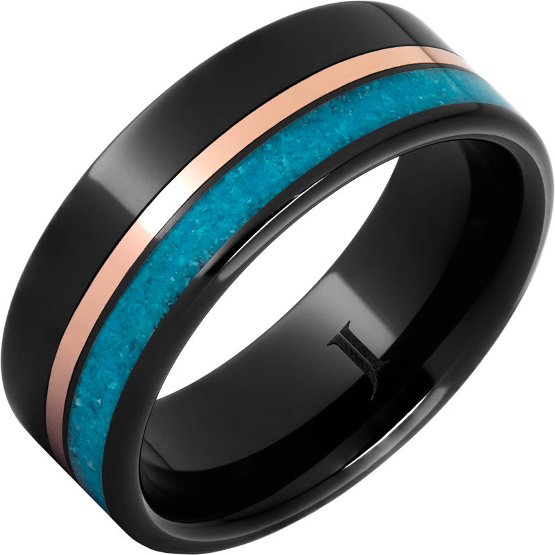 Black Diamond Ceramic Ring with 14K Rose Gold & Turquoise Inlays - Elegant Wedding Band for Men & Women, Perfect for Engagement, Anniversary & Everyday Wear