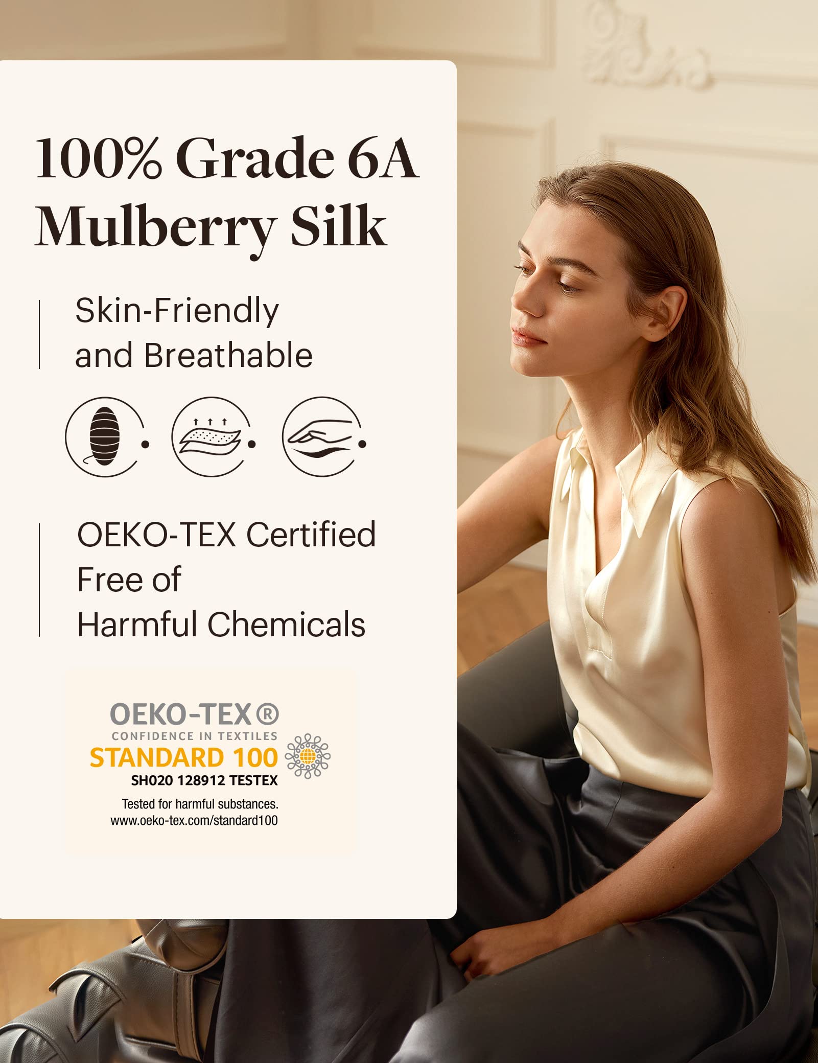 LilySilk 100% Pure Mulberry Silk Blouse for Women - Sleeveless V-Neck Silk Shirt | Elegant Summer Tops for Office, Date Night & Special Occasions