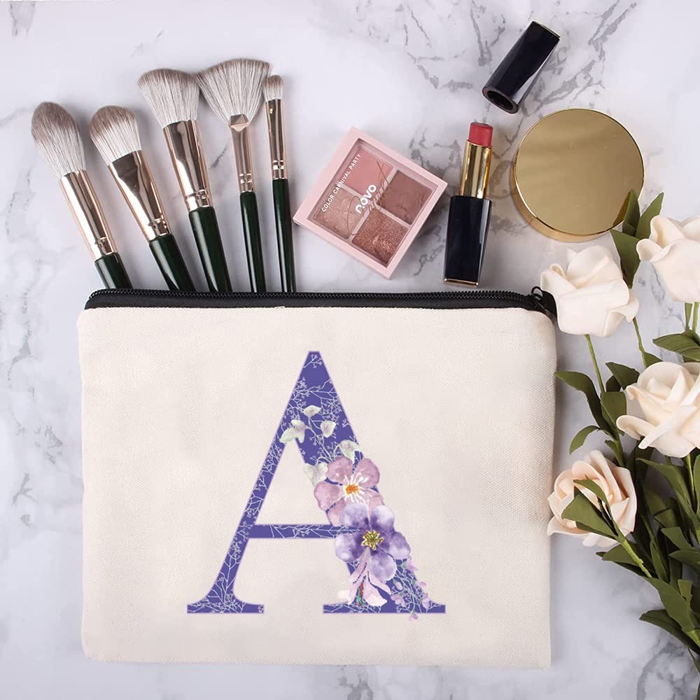26 Letter Printed Zip Canvas Pouch - Waterproof Makeup Bag for Travel, Cosmetic Organizer, Toiletry Bag for Women & Teens - Perfect for Bridesmaid Gifts, School Pencil Case, Wash Bag & Coin Purse (Purple Flower A) - Ideal for Travel, Gym, Beach & Daily Organization
