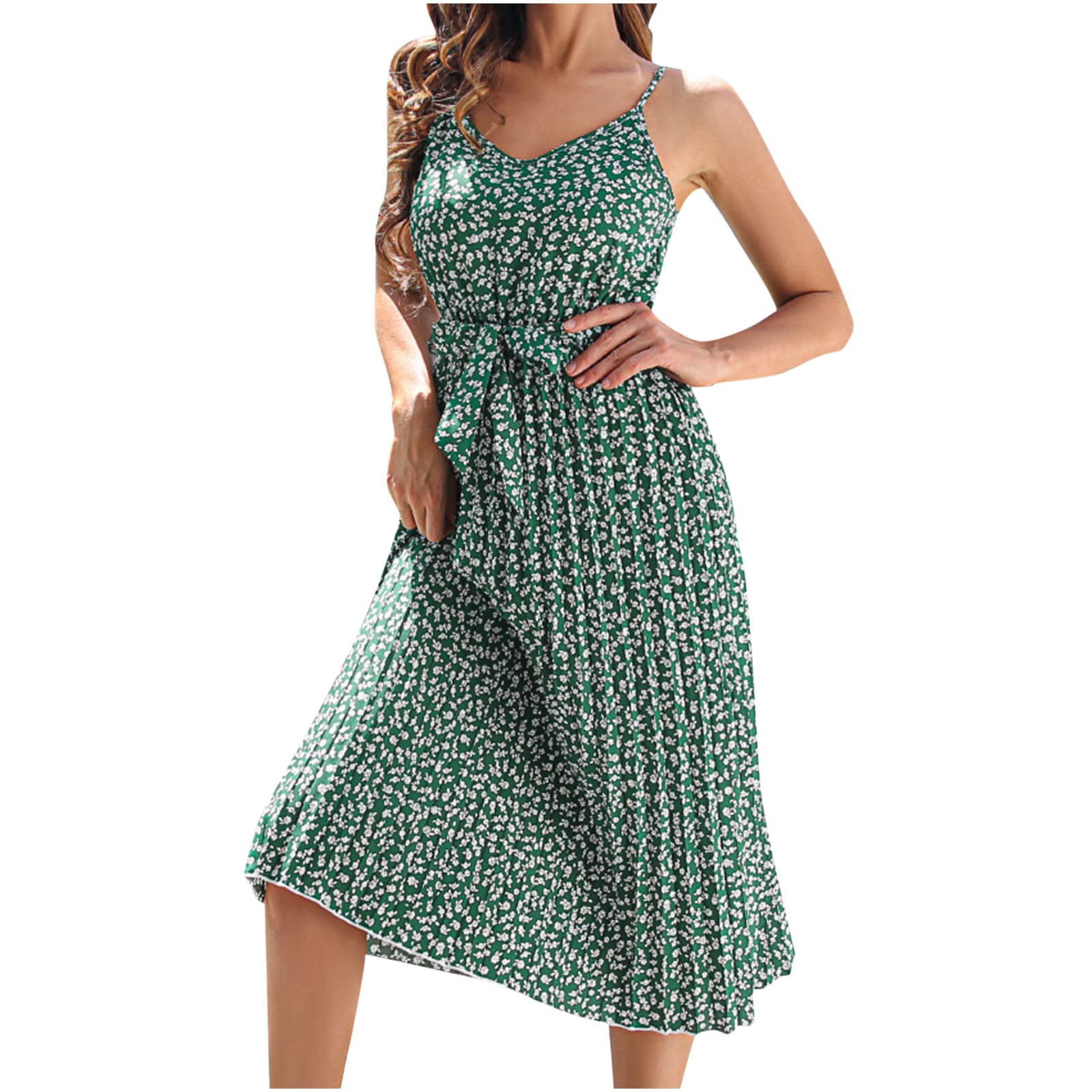 Women's Floral Lace-Up Pleated Midi Swing Dress - Casual Summer Flowy Maxi Dress for Wedding Guest, Beach Vacation & Date Night - Plus Size Boho Chic Dress