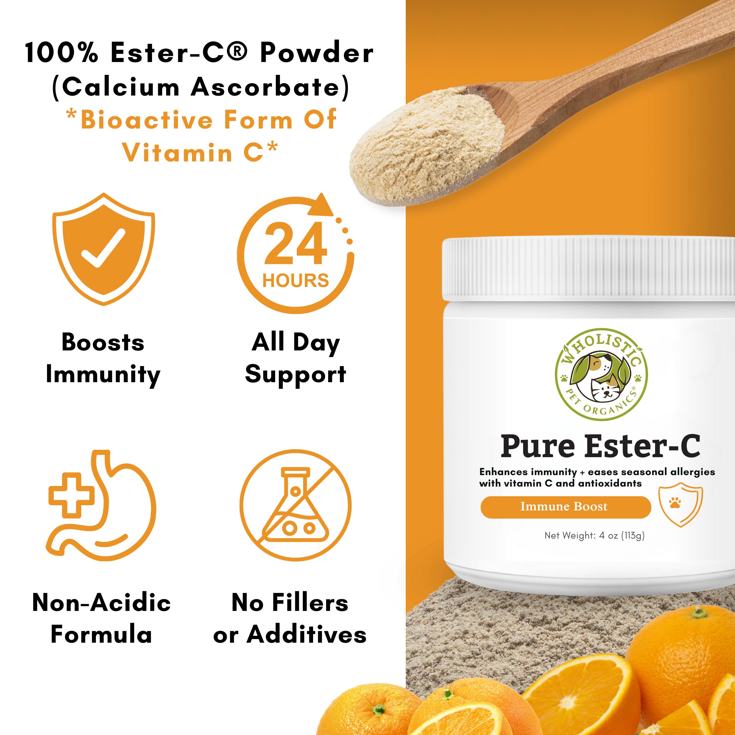 Wholistic Pet Organics Pure Ester-C Powder for Dogs & Cats - 4 Oz | Vitamin C Supplement for Immune Support, Skin & Coat Health & Allergy Relief | Dog Vitamin Powder for Itchy Skin & Homemade Food | Perfect for Daily Pet Nutrition & Immune Boosting