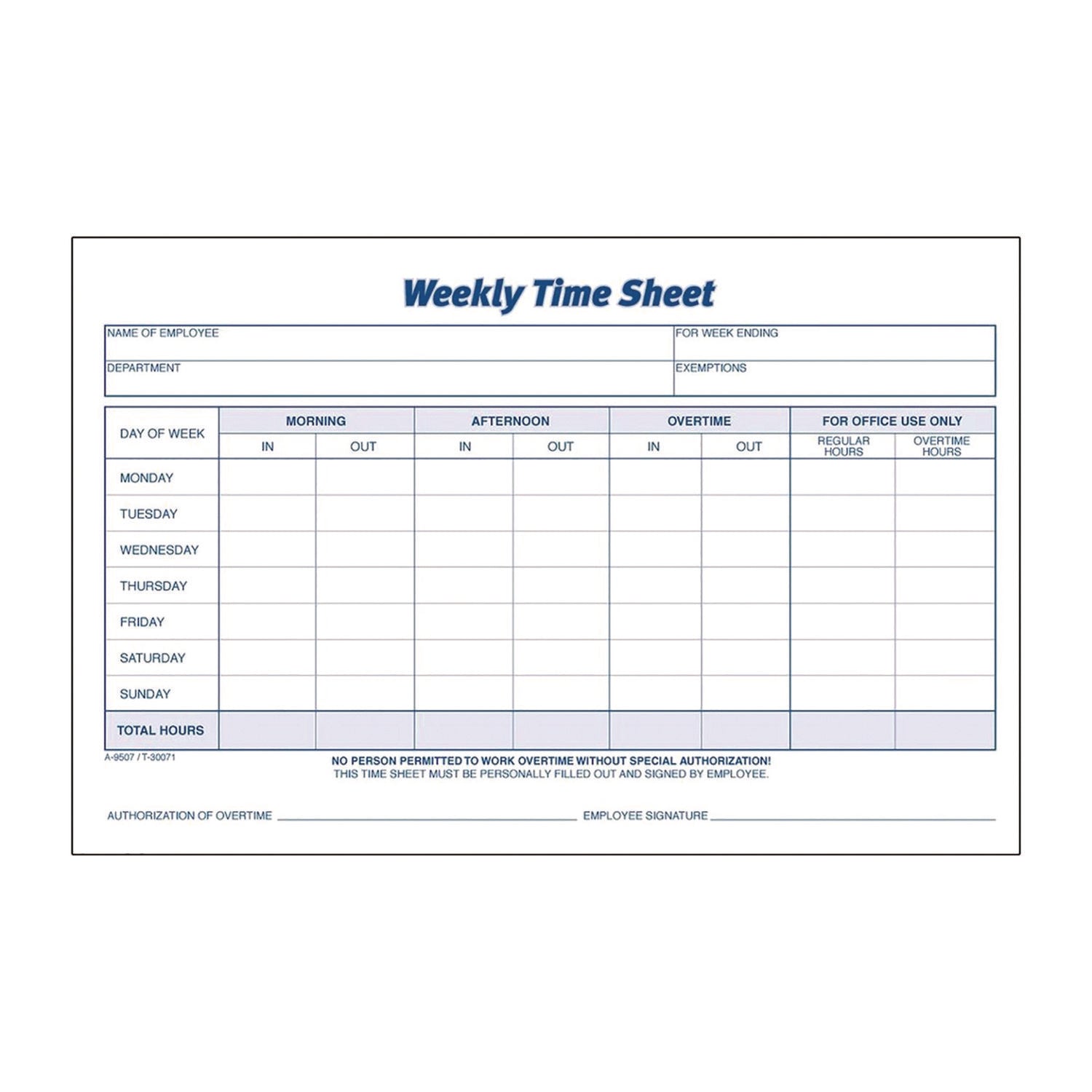 Adams® Weekly Time Sheets, 1-Part No Carbon Required, 8.5