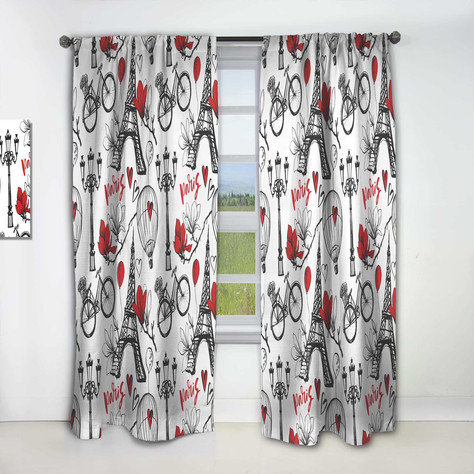 DesignQ Paris Eiffel Red Hearts Thermal Insulated Curtains - Single Panel 52x84 - Elegant Window Treatments for Bedroom & Living Room | Perfect for Home Decor & Temperature Control