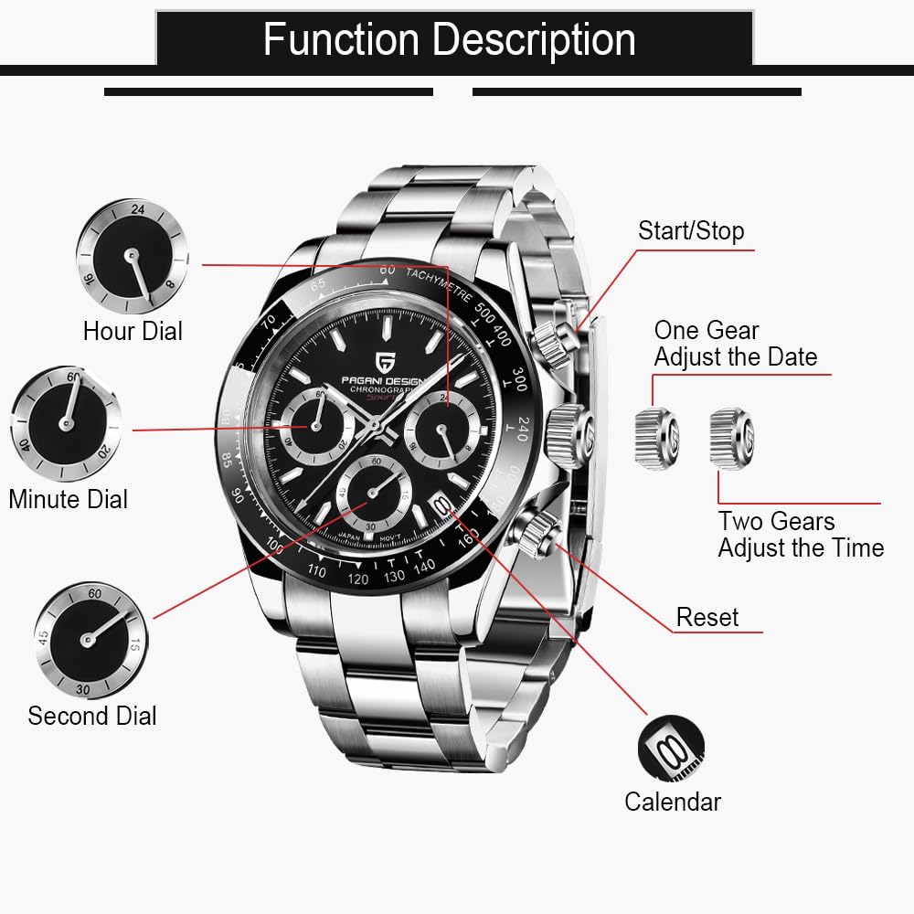 Pagani Design Men's Daytona Homage Quartz Chronograph Watch - Japan VK63 Movement, Ceramic Bezel, Screw-Down Crown, 100M Waterproof, Stainless Steel Strap | Sport, Casual & Business Wear | Perfect for Daily Use, Office & Special Occasions