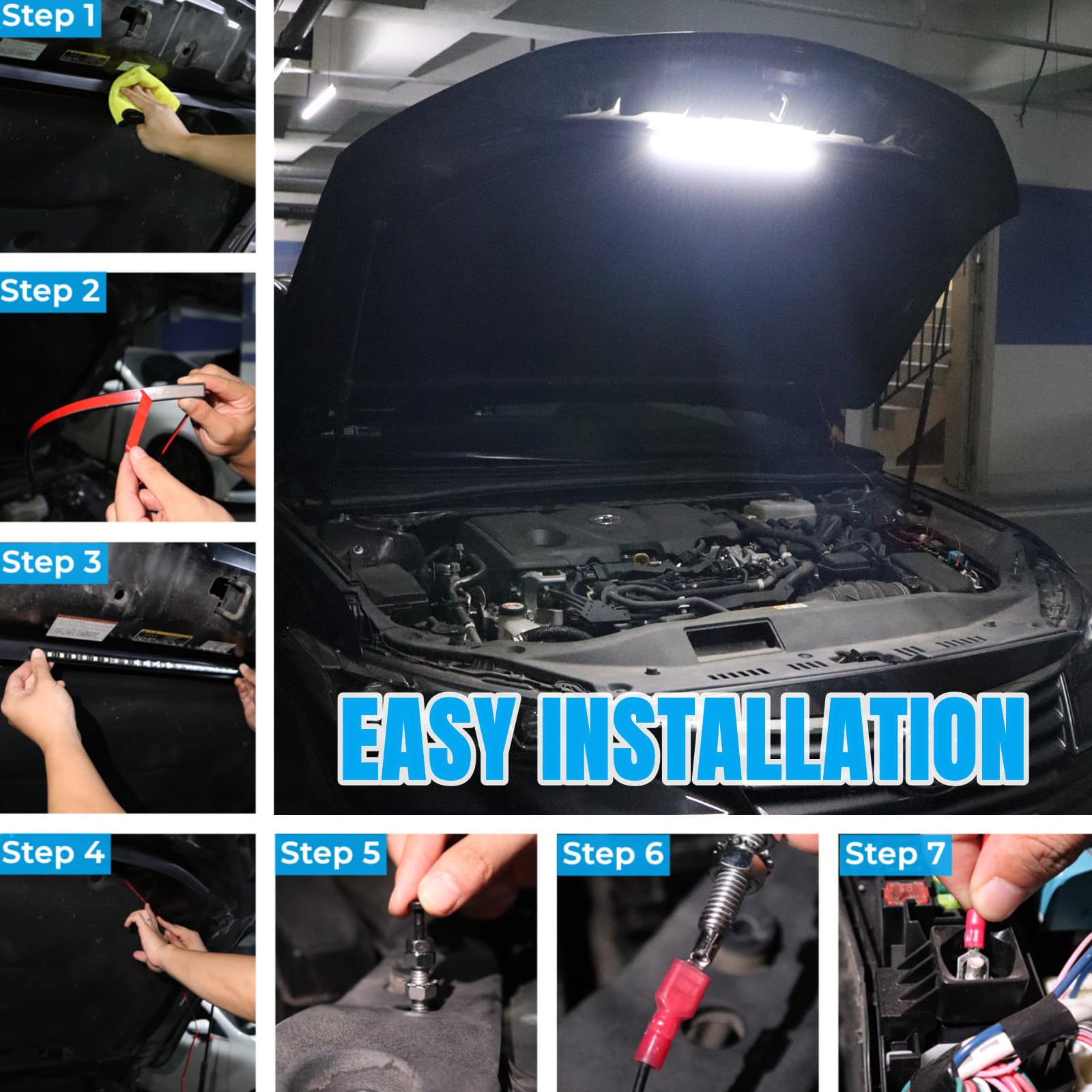 Waterproof 12V Under Hood LED Light Kit - Universal Car Hood Work Light with Auto On/Off for Vehicle Inspection & Maintenance - Perfect for DIY Auto Repairs, Nighttime Engine Checks & Emergency Roadside Fixes
