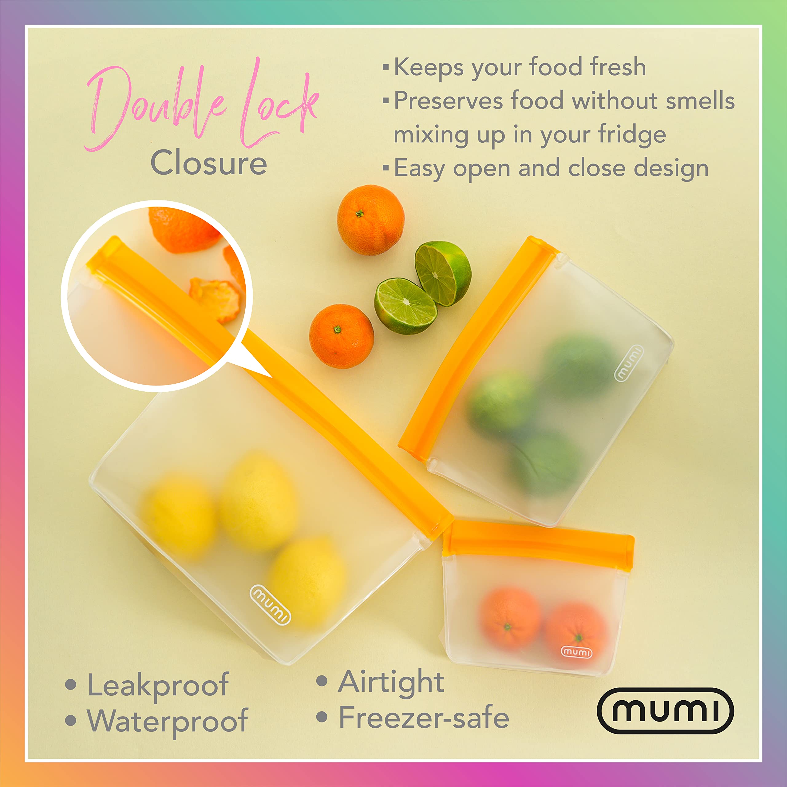 MUMI Reusable Zipper Storage Bags - 3 Pack Airtight Leakproof Food Bags for Meal Prep, Travel & Organizing - Eco-Friendly Freezer Safe Ziplock Bags (Yellow) | Perfect for Snacks, Lunch Boxes & Camping Trips