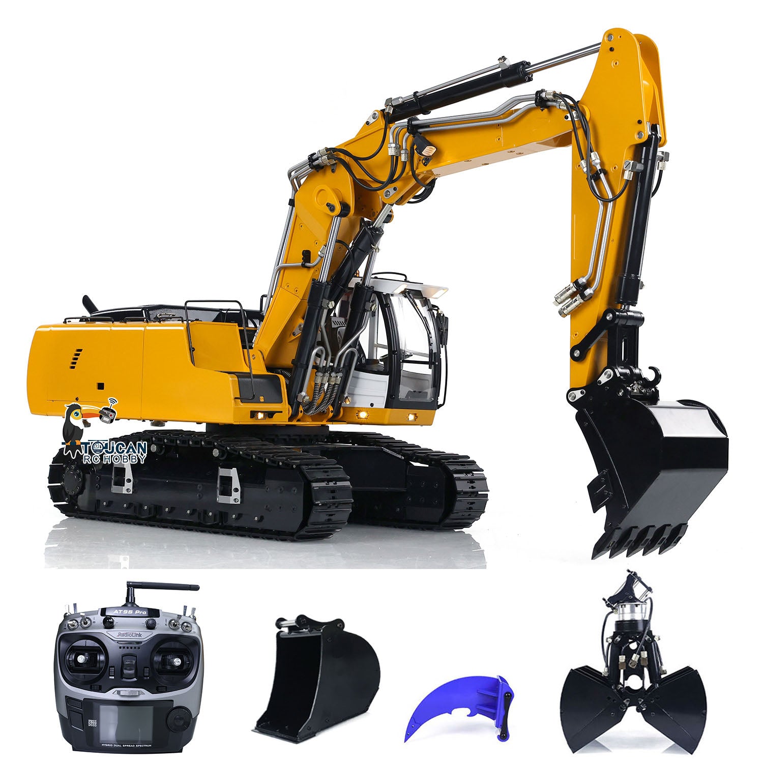 MTMODEL 1:14 Scale Metal RC Hydraulic Excavator Toy - 3 Arms Remote Control Heavy Construction Digger with Tiltable Clamshell Bucket | Realistic Construction Site Play, Gift for Kids & Adults, Collectible Model