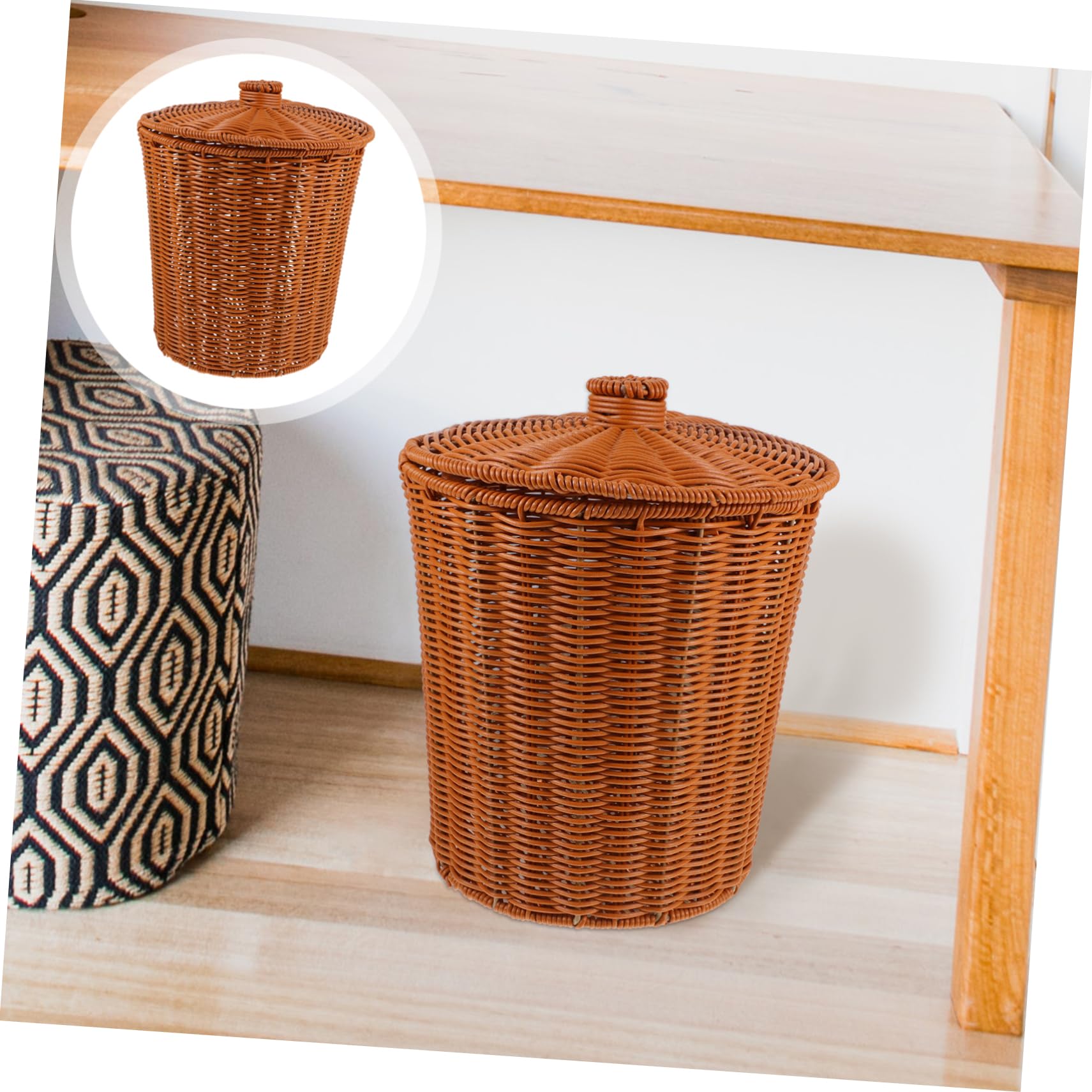 HEMOTON Small Woven Trash Can with Lid - Plastic Wicker Waste Basket for Bathroom, Bedroom, Office & Laundry | Stylish Storage Bin for Home & Office Organization