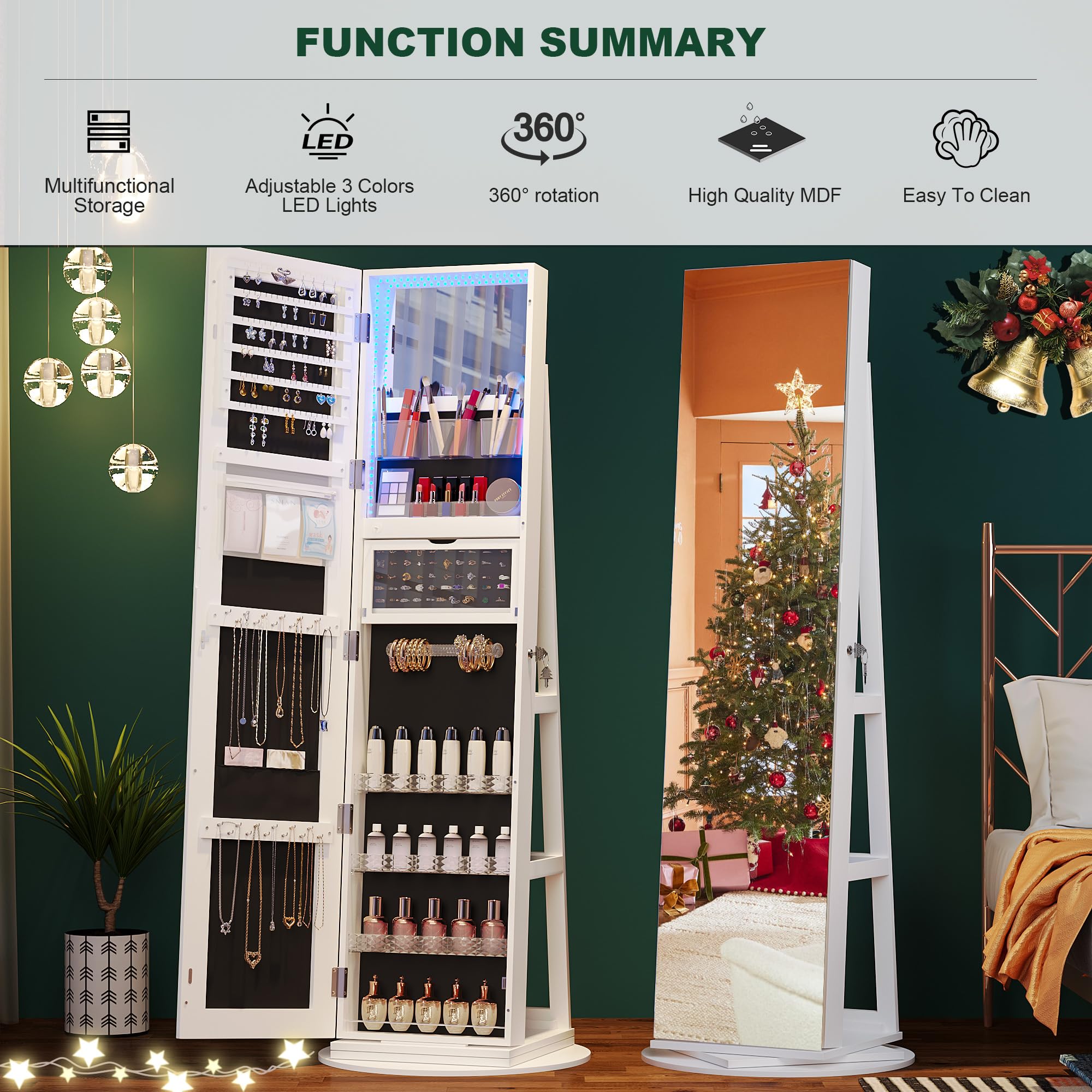 360° Rotating Jewelry Cabinet with LED Lights - 63