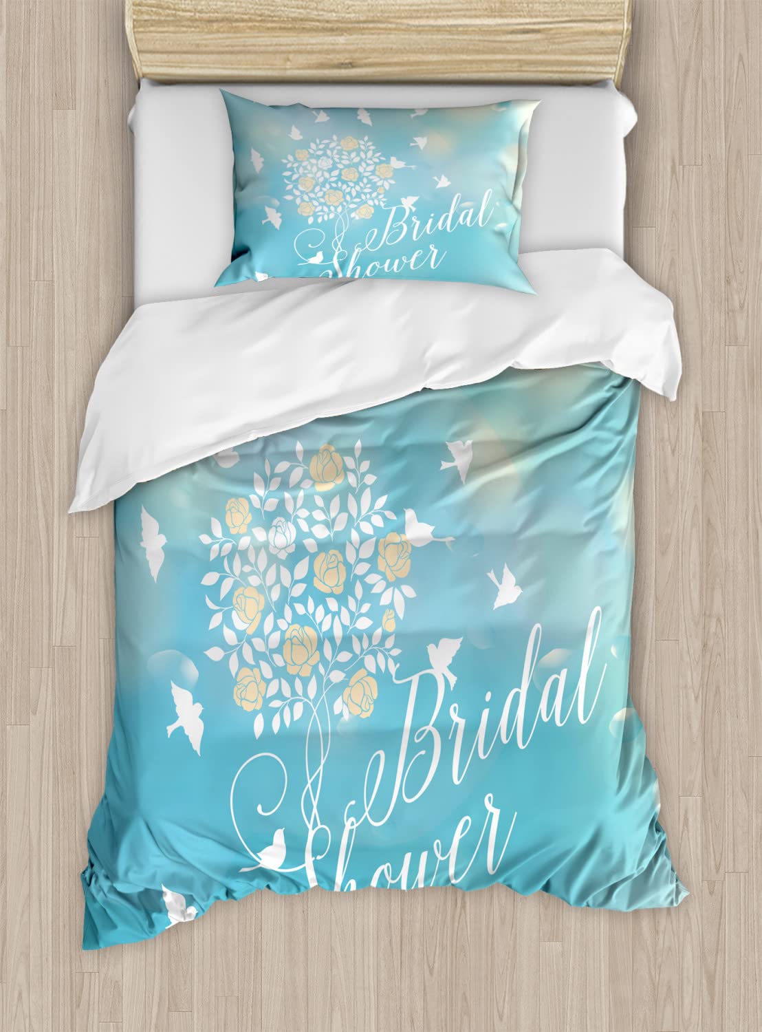 Ambesonne Bridal Shower Duvet Cover Set - Twin Size 2-Piece Set with Sunny Sky, Birds & Floral Design for Bride Party Celebration | Includes 2 Duvet Covers & 2 Pillowcases in Sky Blue, Cream & White | Perfect for Wedding Guest Room, Honeymoon Suite & Bridal Party Decor