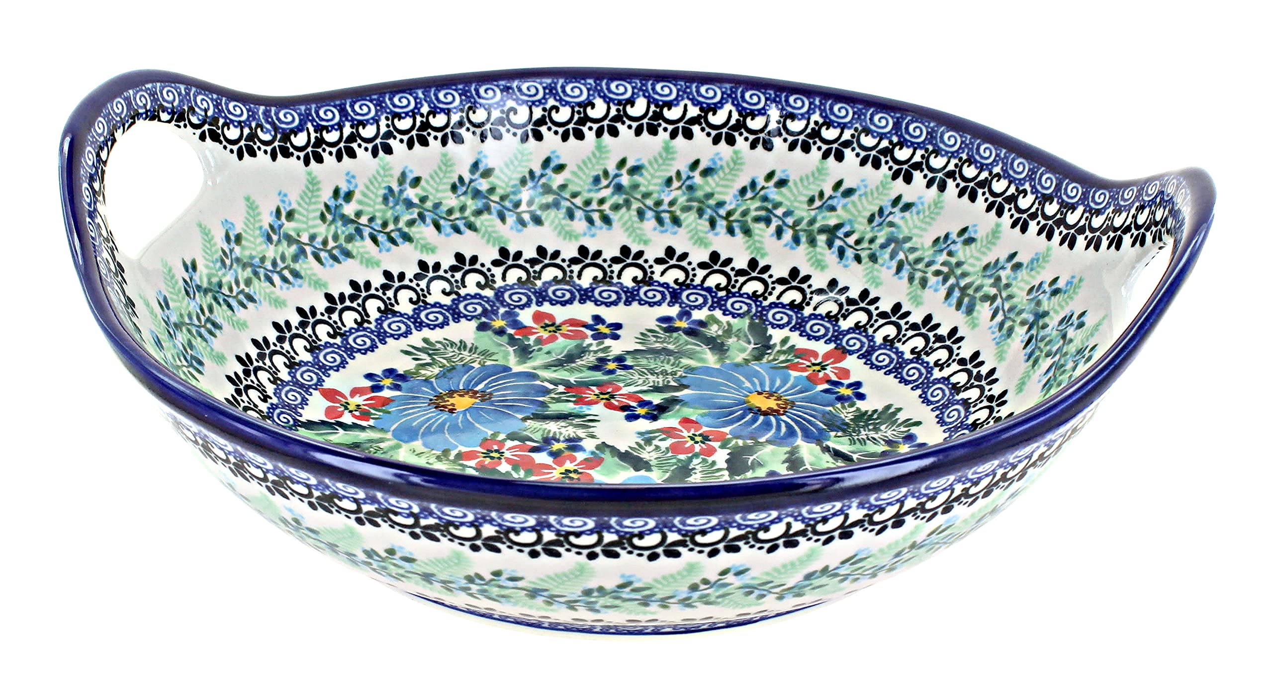 Handmade Blue Rose Polish Pottery Buttercup Deep Bowl with Handles – Elegant Serving Dish for Soups, Salads & Pasta | Perfect for Dining, Entertaining & Gift Giving