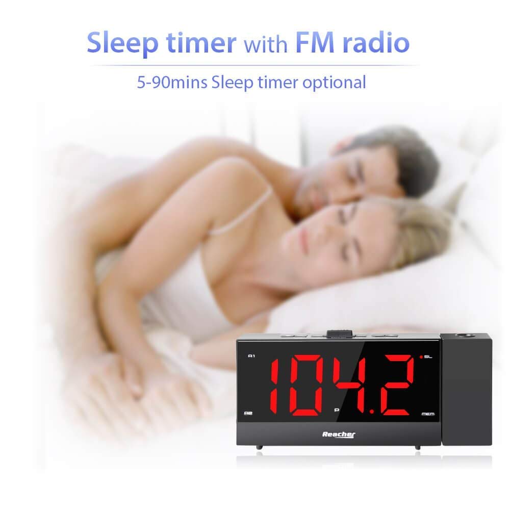 REACHER Projection Alarm Clock Radio with Dual Alarm, USB Charger, Sleep Timer, 0-100% Dimmer & Snooze - Perfect for Bedroom, Home Office & Travel