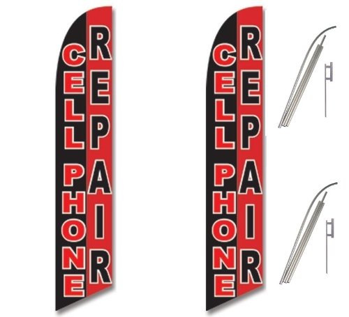 Red Black White Two Full Sleeve Swooper Flags with Poles & Spikes for Cell Phone Repair Shop - Perfect for Storefront Decor, Grand Openings & Business Promotions