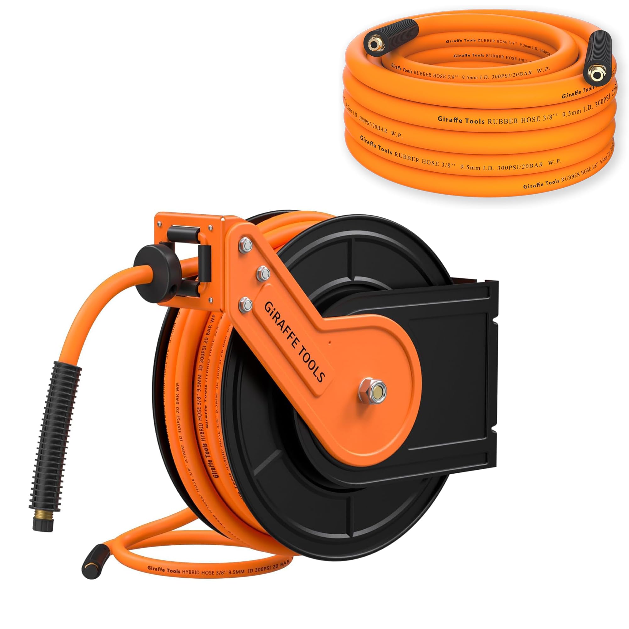 25ft Heavy Duty Rubber Air Hose with Retractable Steel Reel - 3/8 in. x 25 FT Hybrid Pneumatic Hose, Auto Rewind 300PSI Wall Mount for Garage, Workshop & Industrial Use