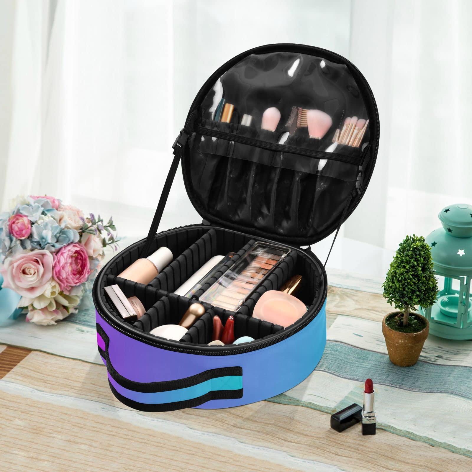 Linqin Travel Makeup Organizer - Portable Adjustable Makeup Bag for Women with Dividers, Blue Purple Gradient Cosmetic Case for Jewelry, Brushes & Toiletries | Perfect for Travel, Home Storage & On-the-Go Organization