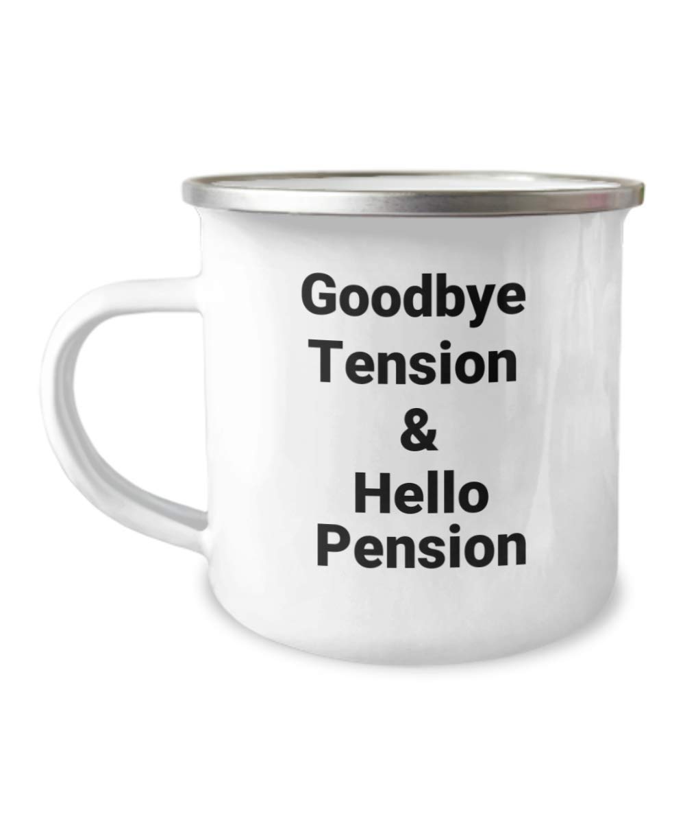 ZapBest Retirement Coffee Mug - 12 Oz Stainless Steel Enamel Finish White Camping Mug - Funny Retirement Gift Saying 'Goodbye Tension Hello Pension' - Perfect for Retirees, Camping Trips & Office Use
