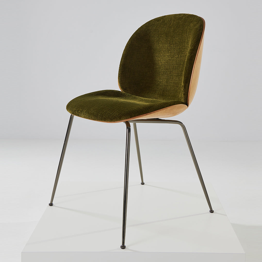 Modern Beetle Dining Chair with Front Upholstery & Conic Base - 3D Veneer Shell Design for Kitchen, Dining Room, or Office Space
