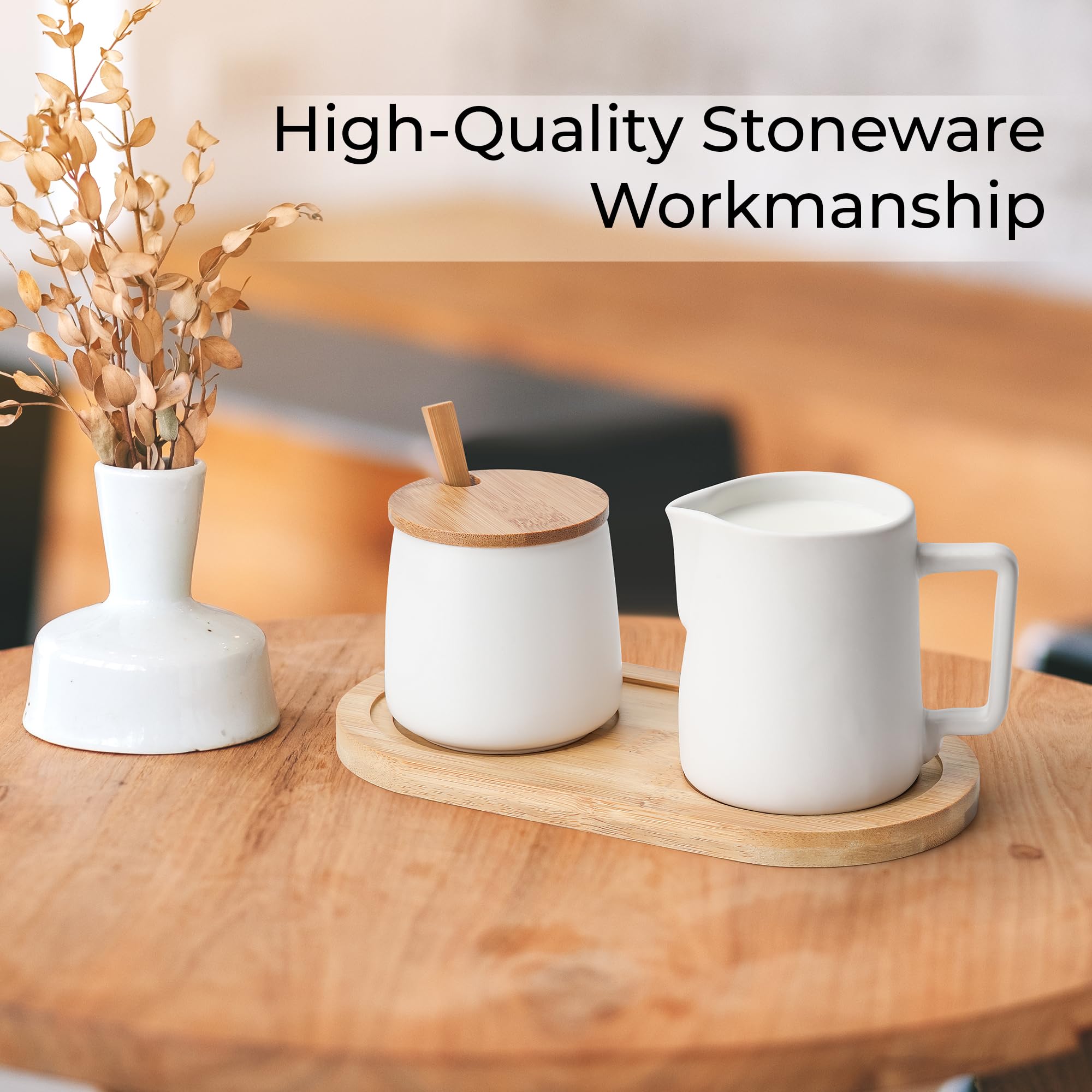 MIAMIO Ceramic Sugar and Creamer Set with Lid & Spoon - Coffee Bar Accessories - Microwave & Dishwasher Safe (White) - Perfect for Coffee Shops, Home Kitchens, and Gift Giving