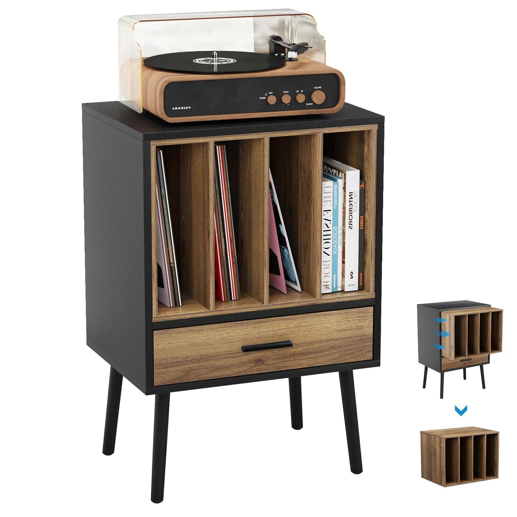 Vintage Wooden Record Player Stand with Vinyl Storage & Drawer - Turntable Cabinet, CD Organizer, Printer Stand - Solid Wood Legs for Living Room, Bedroom & Home Office