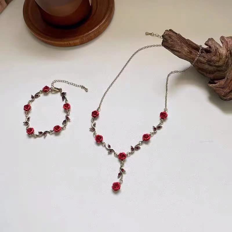 3Pcs Rose Gold Jewelry Set for Women - Red Rose Flower Necklace, Dangle Earrings & Bracelet | Elegant Prom, Wedding & Bridal Jewelry | Perfect for Parties, Date Nights & Special Occasions
