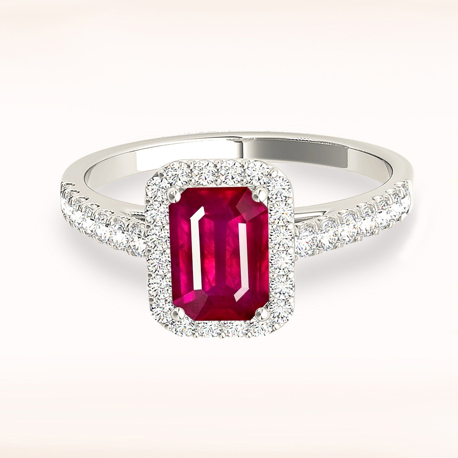 1.20 Carat Genuine Emerald Cut Ruby Ring with Halo & Diamond Band - Elegant Engagement, Anniversary Gift for Women